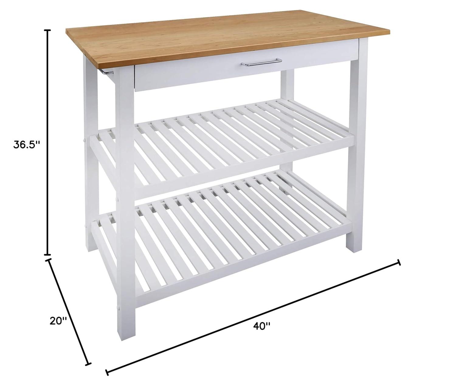 White and Natural Cherry Wood Kitchen Island with Shelves