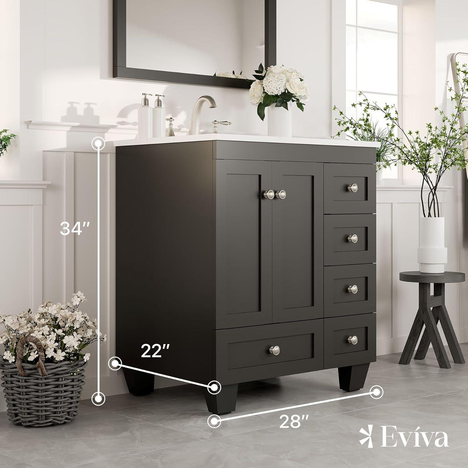 Eviva Acclaim C. 28" Transitional Espresso Bathroom Vanity with White Carrara Quartz Countertop