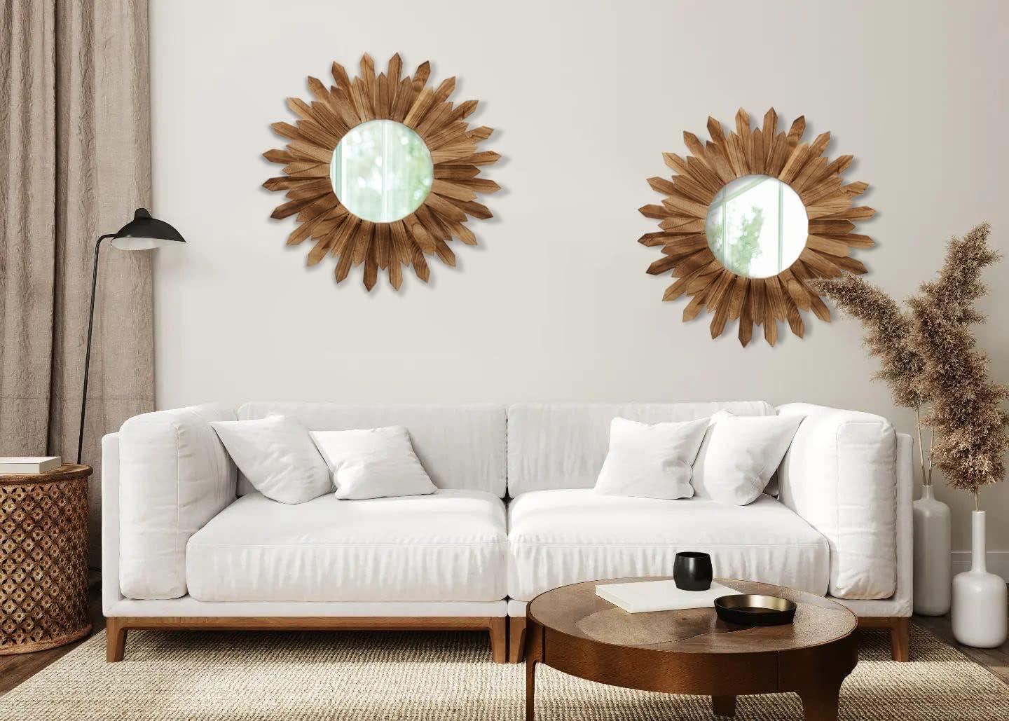 2 Pack 22 Inch Boho Wall Sunburst Mirror Rustic Round Wood Decorative Mirror Boho Wall Art Decor Mirror for Entryway Bedroom Living Room