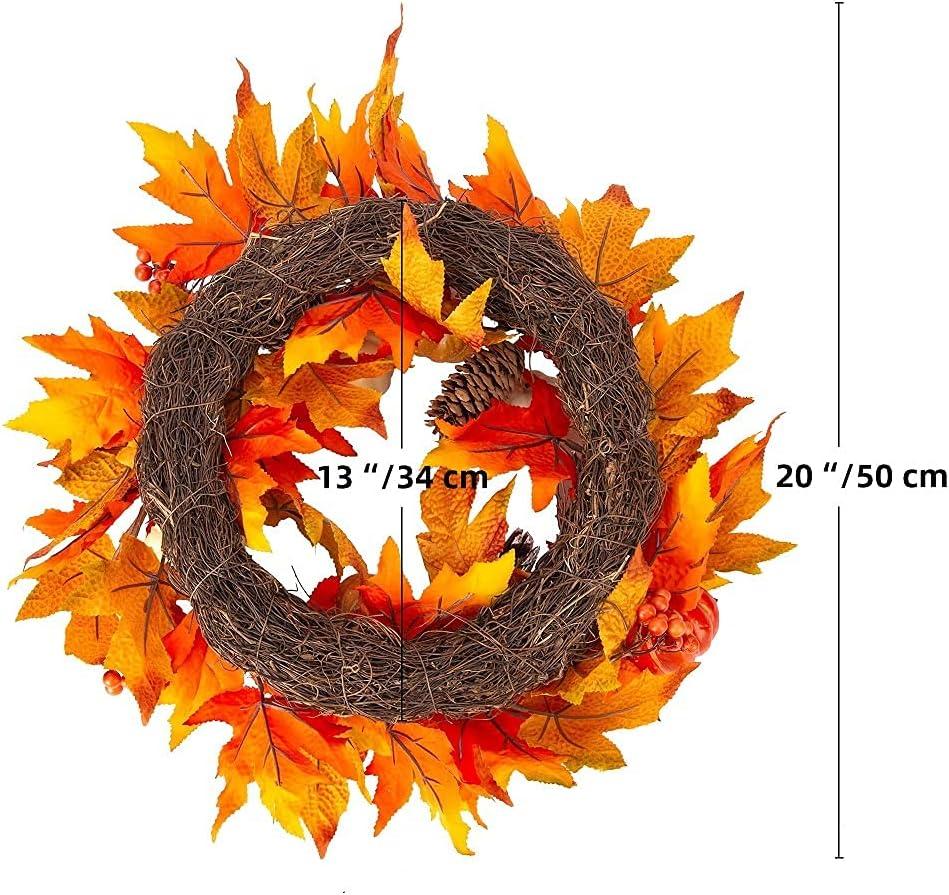 Fall Wreath 20’’ Autumn Front Door Wreath Harvest Wreath with Sunflower Pumpkins Berries Maple Leaves Daisies for Outside Indoor Home Wall Festival Thanksgiving Autumn Farmhouse Decor
