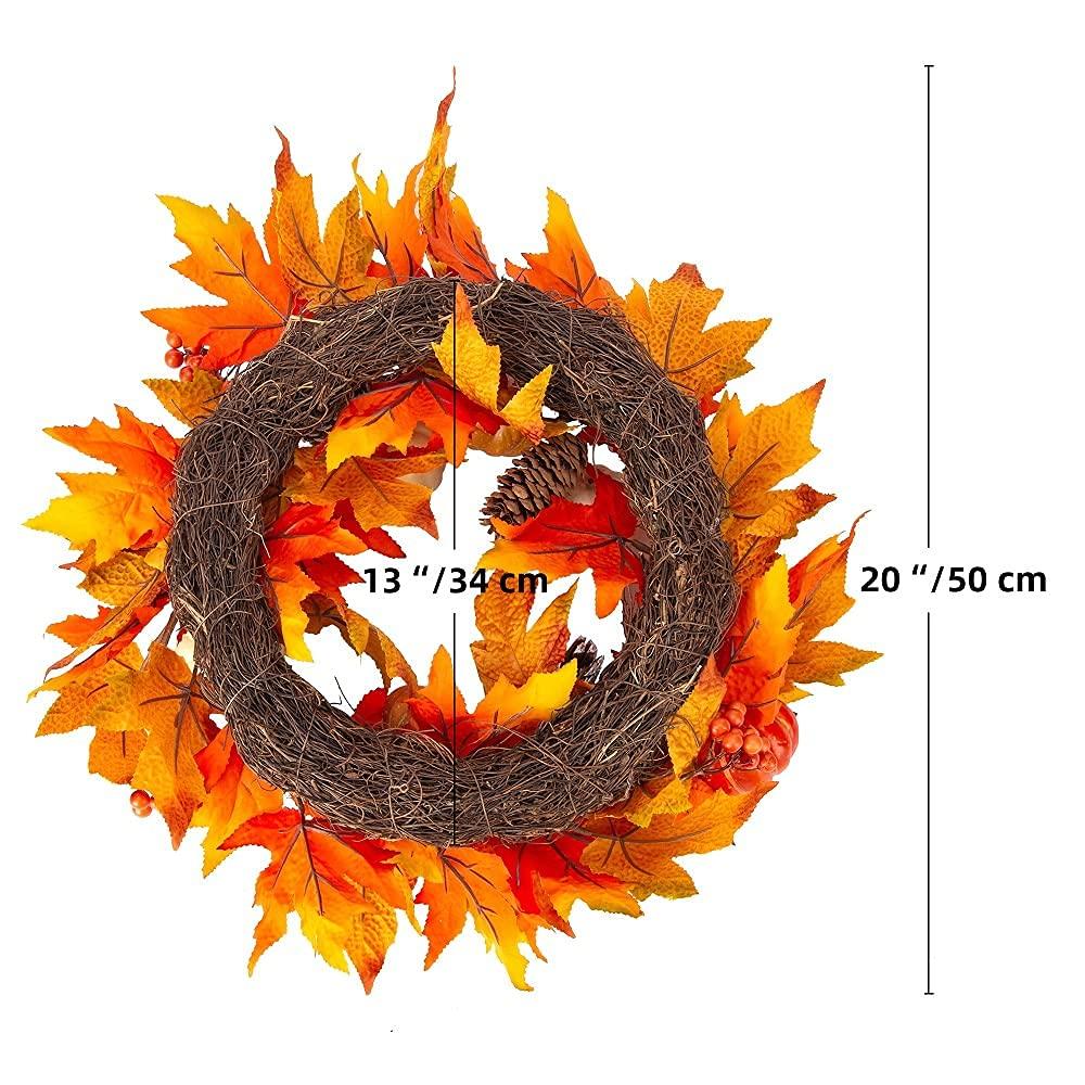Fall Wreath 20’’ Autumn Front Door Wreath Harvest Wreath with Sunflower Pumpkins Berries Maple Leaves Daisies for Outside Indoor Home Wall Festival Thanksgiving Autumn Farmhouse Decor