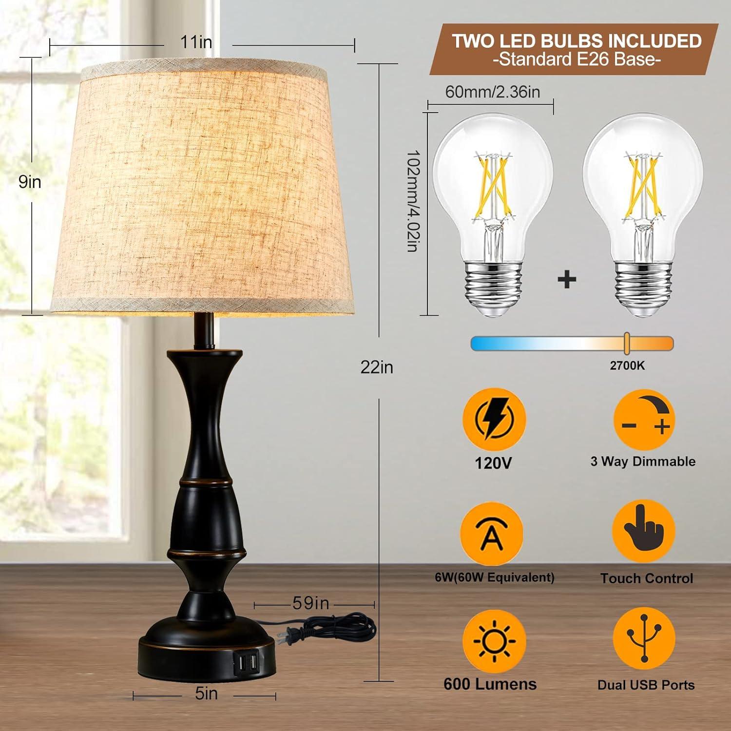 GyroVu Vintage Bedside Lamp Set of 2,Farmhouse Table Lamp Touch Control 3-Way Dimmable End Table Lamp with 2 USB Port, Desk Lamp Modern Nightstand Lamp for Living Room Bedroom Hotel Office