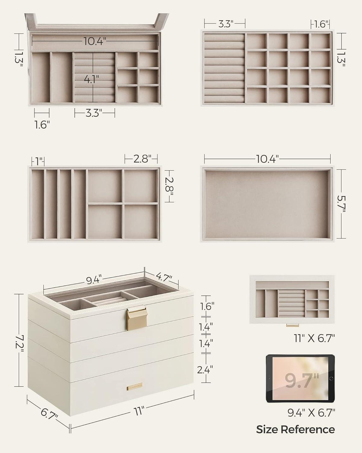 Latitude Run® Stackable Jewelry Trays, 4-Tier Jewelry Box, Drawer Jewelry Organizer, With Glass Lid, Removable Dividers, For Vanity Table, 6.7 X 11 X 7.2 Inches, Cloud White