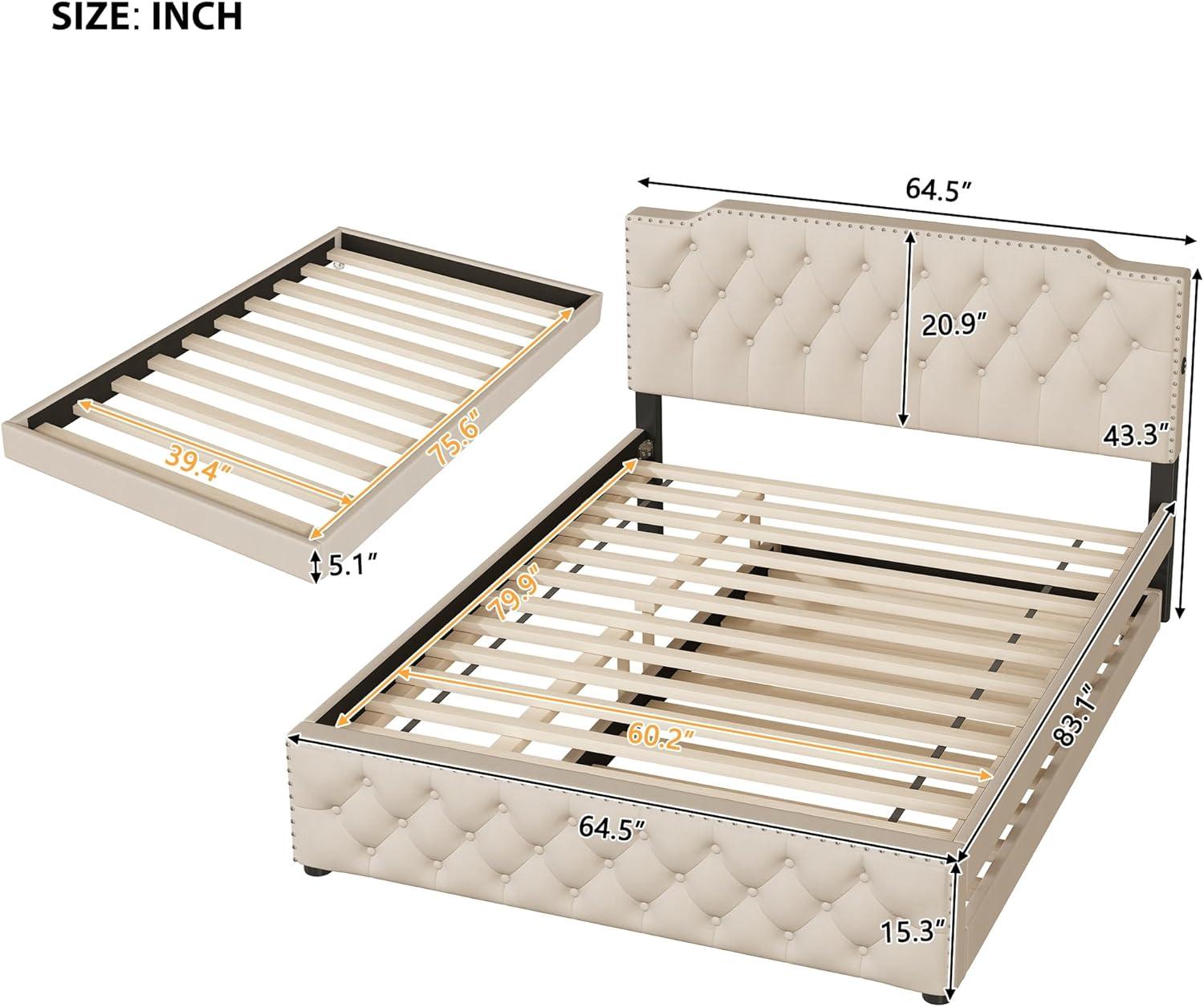 Harper & Bright Designs Queen Size Upholstered Platform Bed with Twin Size Trundle and 2 sets of USB Ports on each side, Linen Fabric, Beige