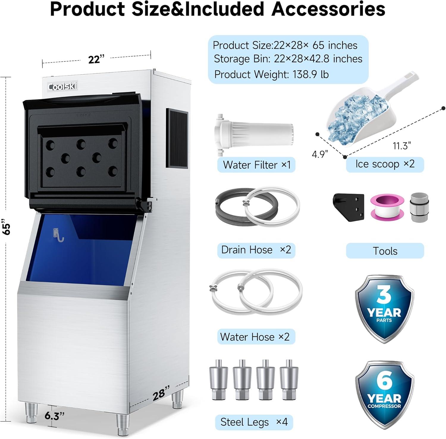 Coolski Coolski Commercial Ice Machine 350 lb. Daily Production Clear Cube Ice, Freestanding Ice Maker For restaurants Bars Hotels, Stainless Steel