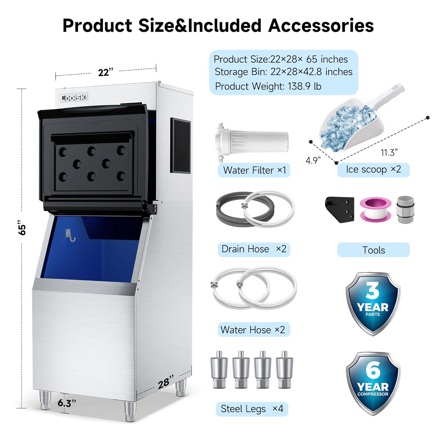 Coolski Coolski Commercial Ice Machine 350 lb. Daily Production Clear Cube Ice, Freestanding Ice Maker For restaurants Bars Hotels, Stainless Steel