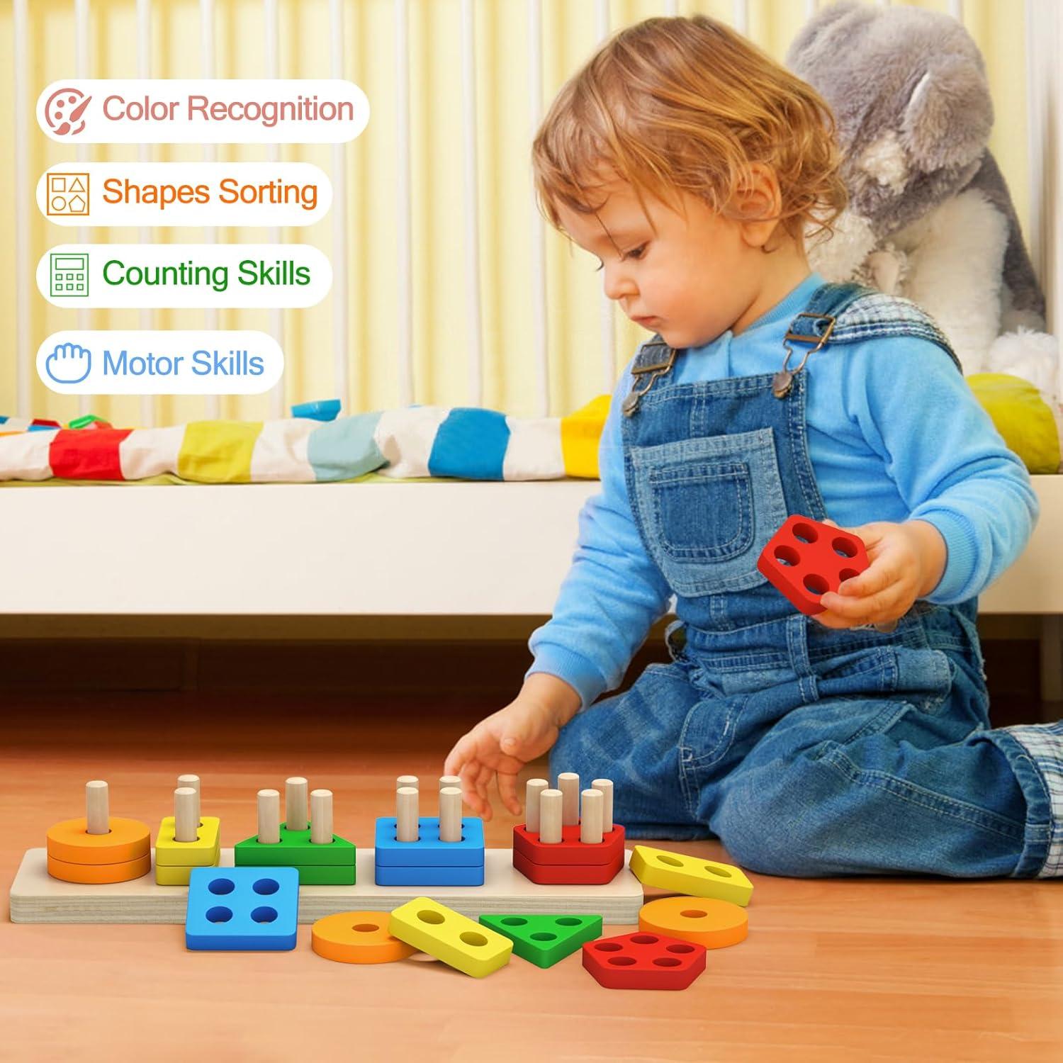 PEBIRA Montessori Toys for 1 to 3-Year-Old Boys Girls Toddlers, Wooden Sorting & Stacking Toys for Toddlers and Kids Preschool, Educational Color Recognition Shape Sorter, Learning Puzzles Gift