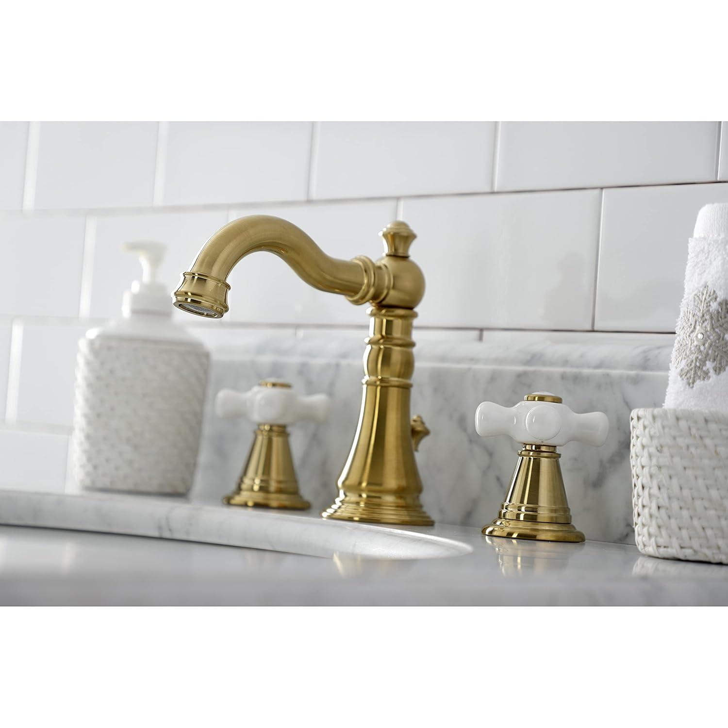 Kingston Brass American Classic Two-Handle 3-Hole Deck Mount Widespread Bathroom Faucet with Pop-Up Drain