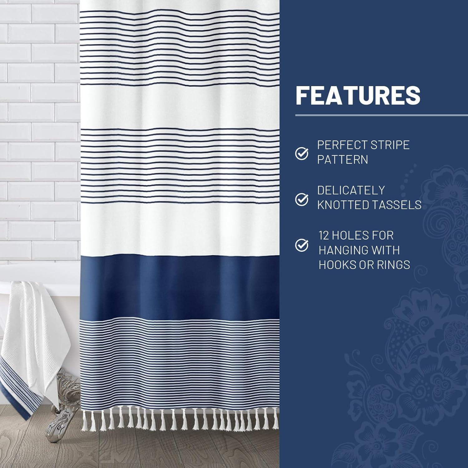 bufftieo Navy Blue and White Shower Curtain for Bathroom Boho Striped Fabric Modern Farmhouse Tassel Shower Curtain Sets - 72" x 72"