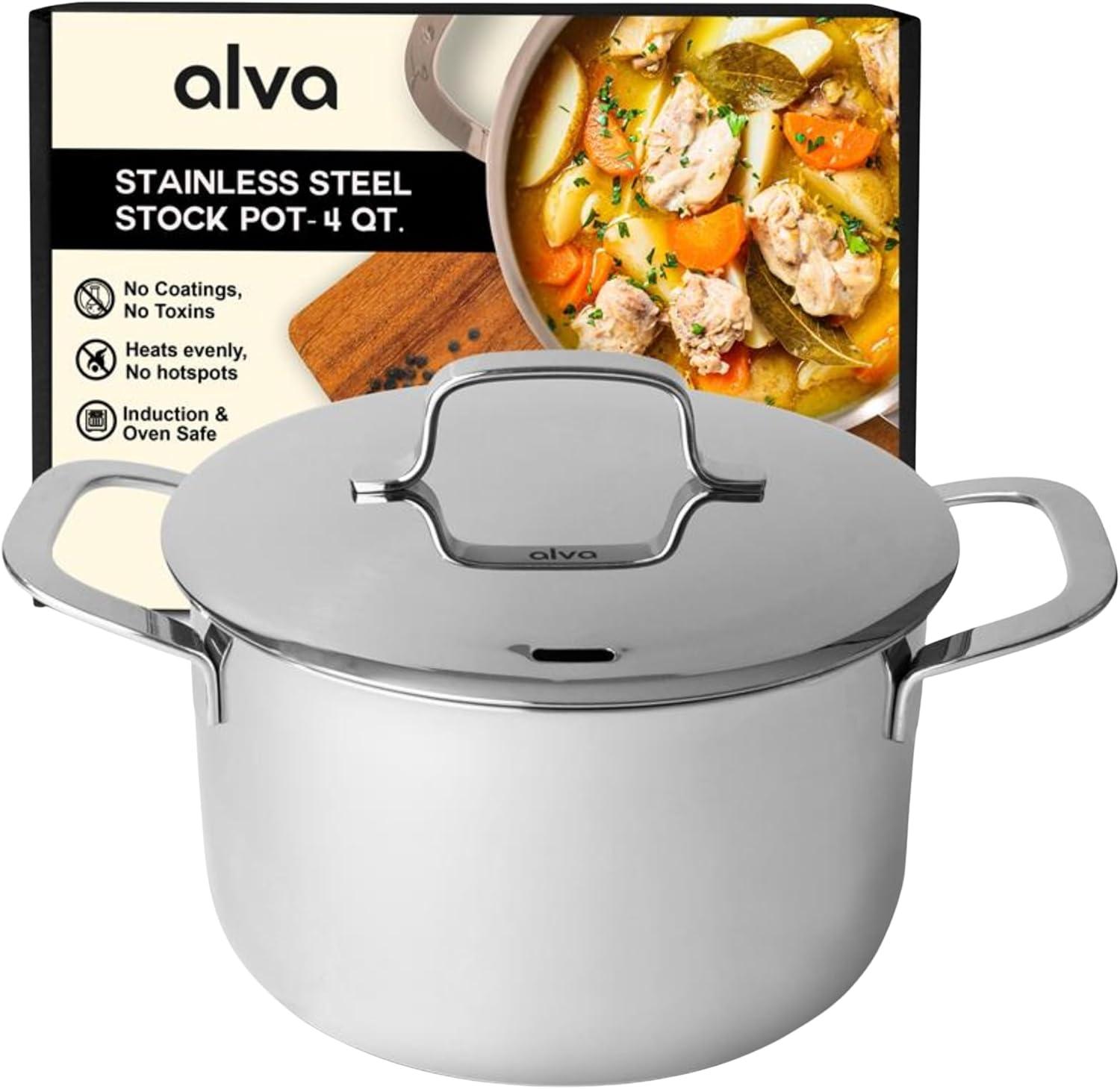 Alva Maestro Stainless Steel Casserole Dish Pot with Lid Non Toxic Soup & Stock Pot PFAS, PFOA & PFTE Free, Kitchen Pot, Pasta Pot, Canning Pot, Induction Safe, Add to Your Pots and Pans Set