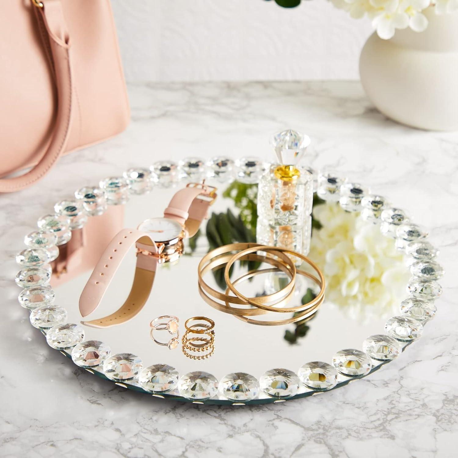 Okuna Outpost 12 in Crystal Bead Round Mirror Tray to Display Perfume, Jewelry, Candles, Bling Serving Tray for Bathroom, Living Room, Office, Vanity, Home Decor