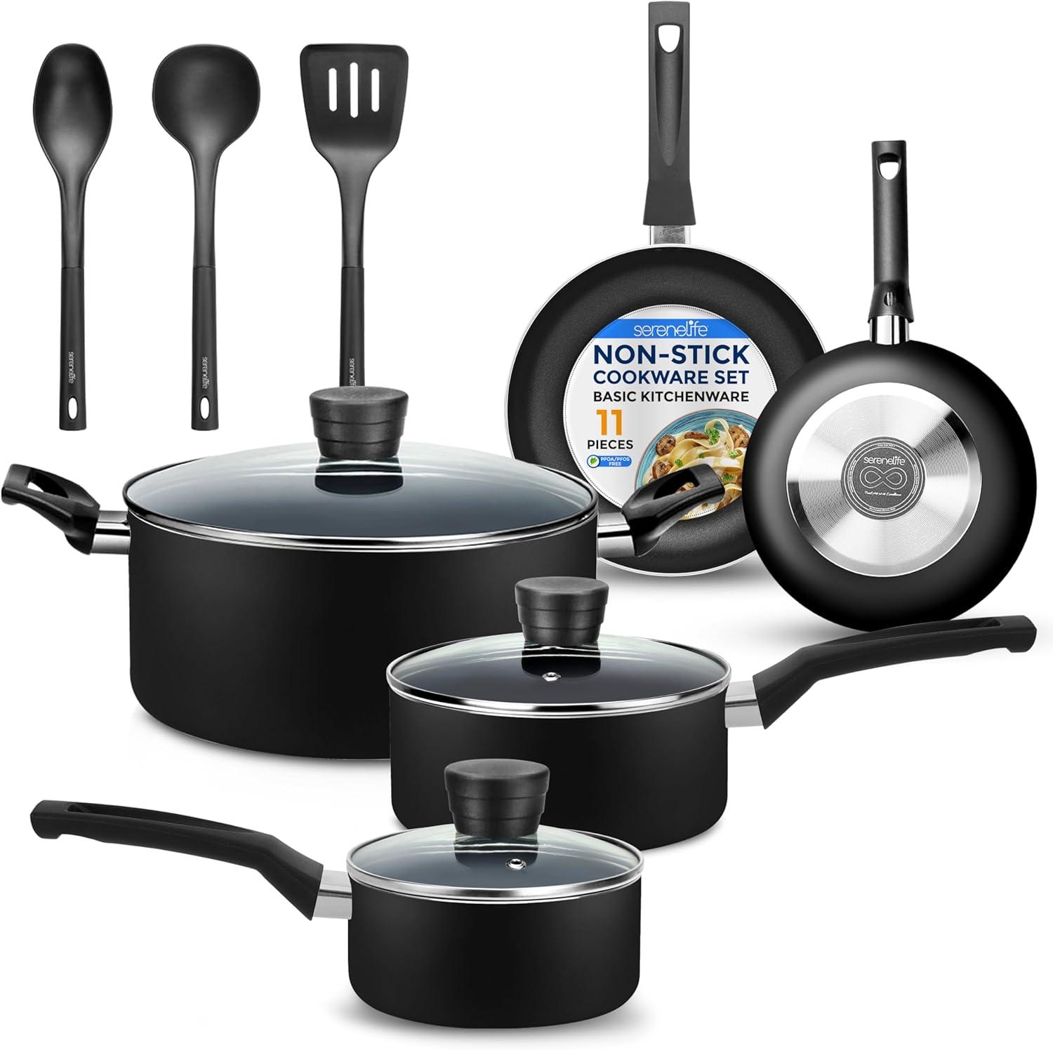 SereneLife 11 Piece Kitchenware Pots & Pans Set – Basic Kitchen Cookware, Black Non-Stick Coating Inside, Heat Resistant Lacquer (Black)