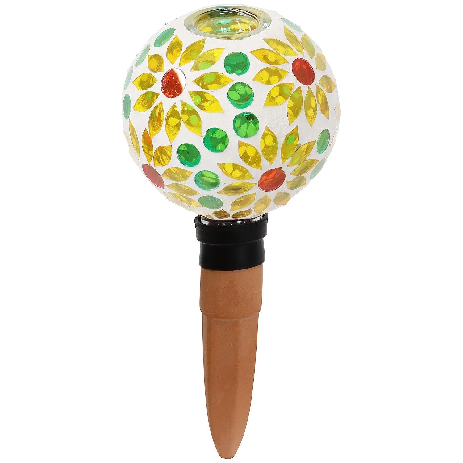 Sunnydaze Outdoor Mosaic Glass Watering Globe with Clay Spike for Planters - 9.5" - Bright Blooms