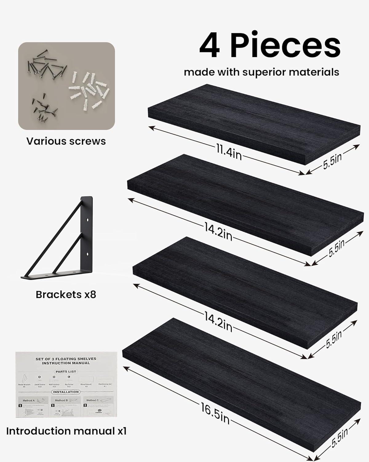 BAYKA Wall Mounted Floating Shelves, Wood Floating Wall Shelf for Books & Decor, Small Space-Saving Display & Organizer（Black，Set of 3）