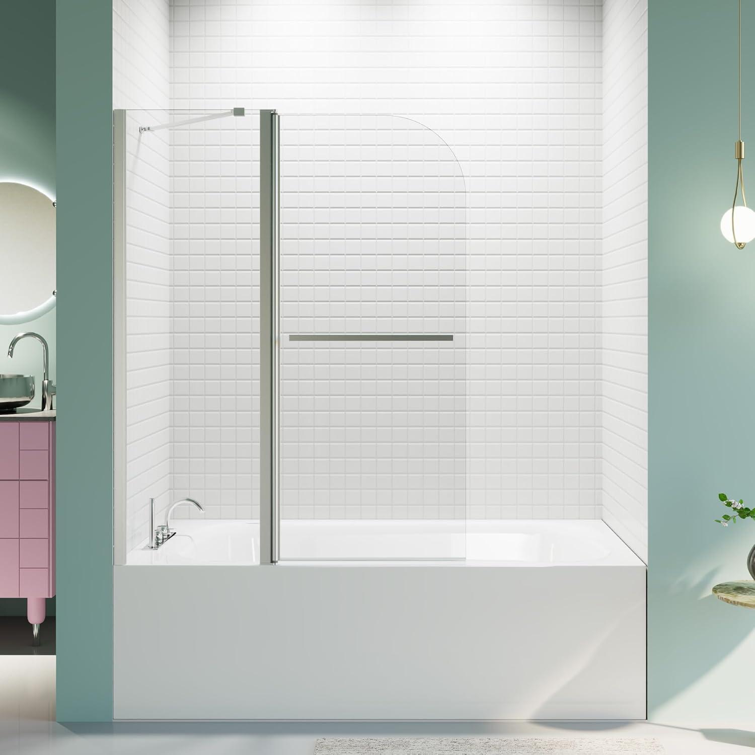43"W x 58"H Frameless Folding Pivot Bathtub Door with 6mm Thick Clear Tempered Glass Door