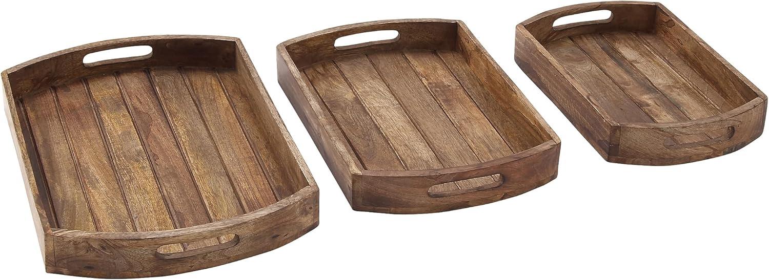 DecMode 14", 16", 19"W Light Brown Mango Wood  Tray with Slot Handles, 3-Pieces