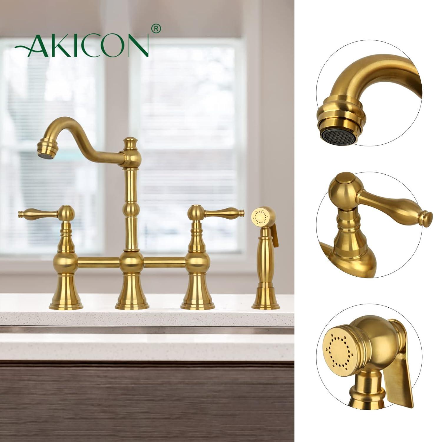 Brass Heritage Bridge Kitchen Faucet with Side Spray 2 Handles