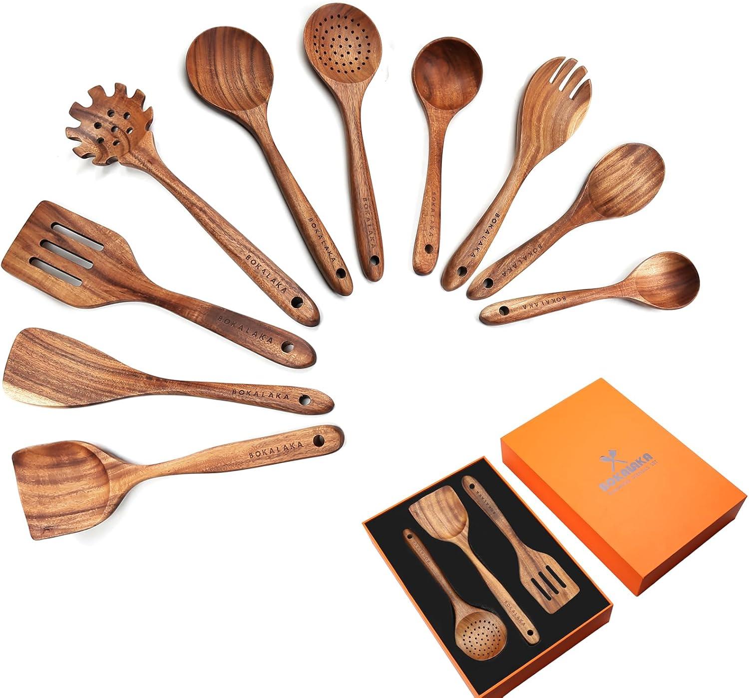 Wooden Spoons for Cooking,10 Pcs Natural Teak Wooden Kitchen Utensils Set Wooden Utensils for Cooking Wooden Cooking Utensils Wooden Spatulas for Cooking