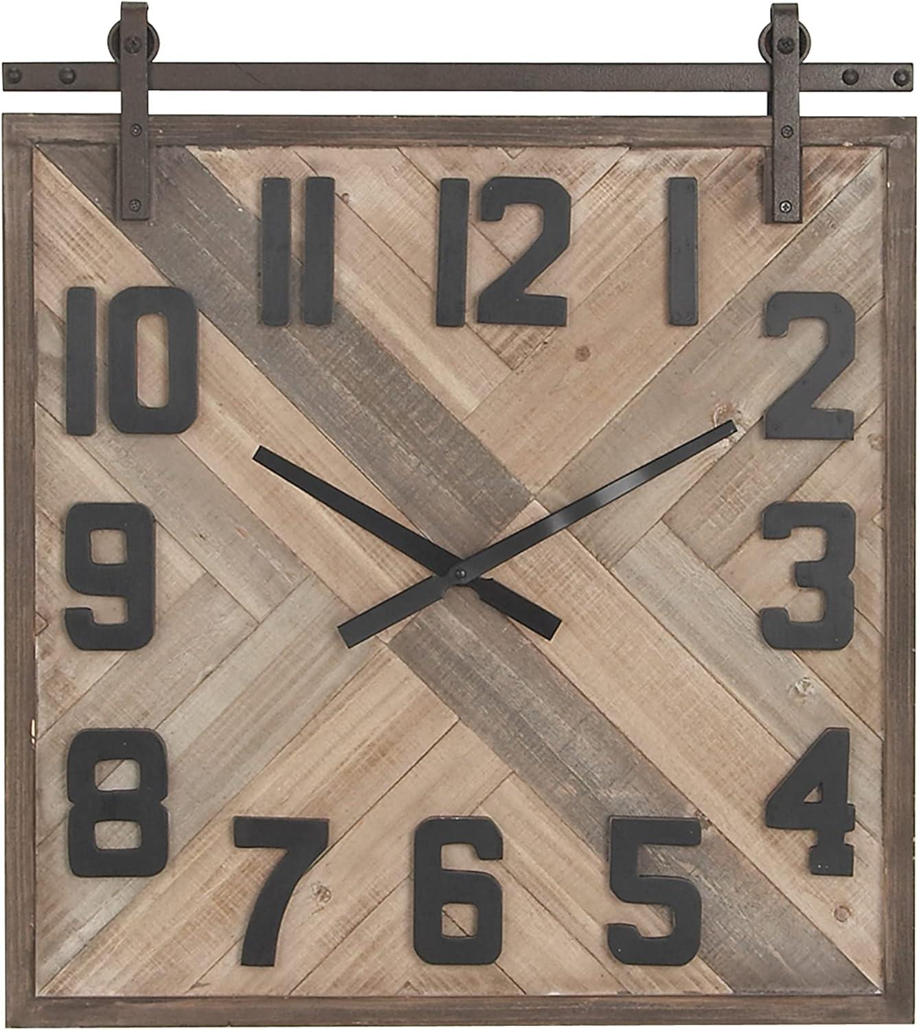 Brown and Beige Square Wood Wall Clock with Metal Accents