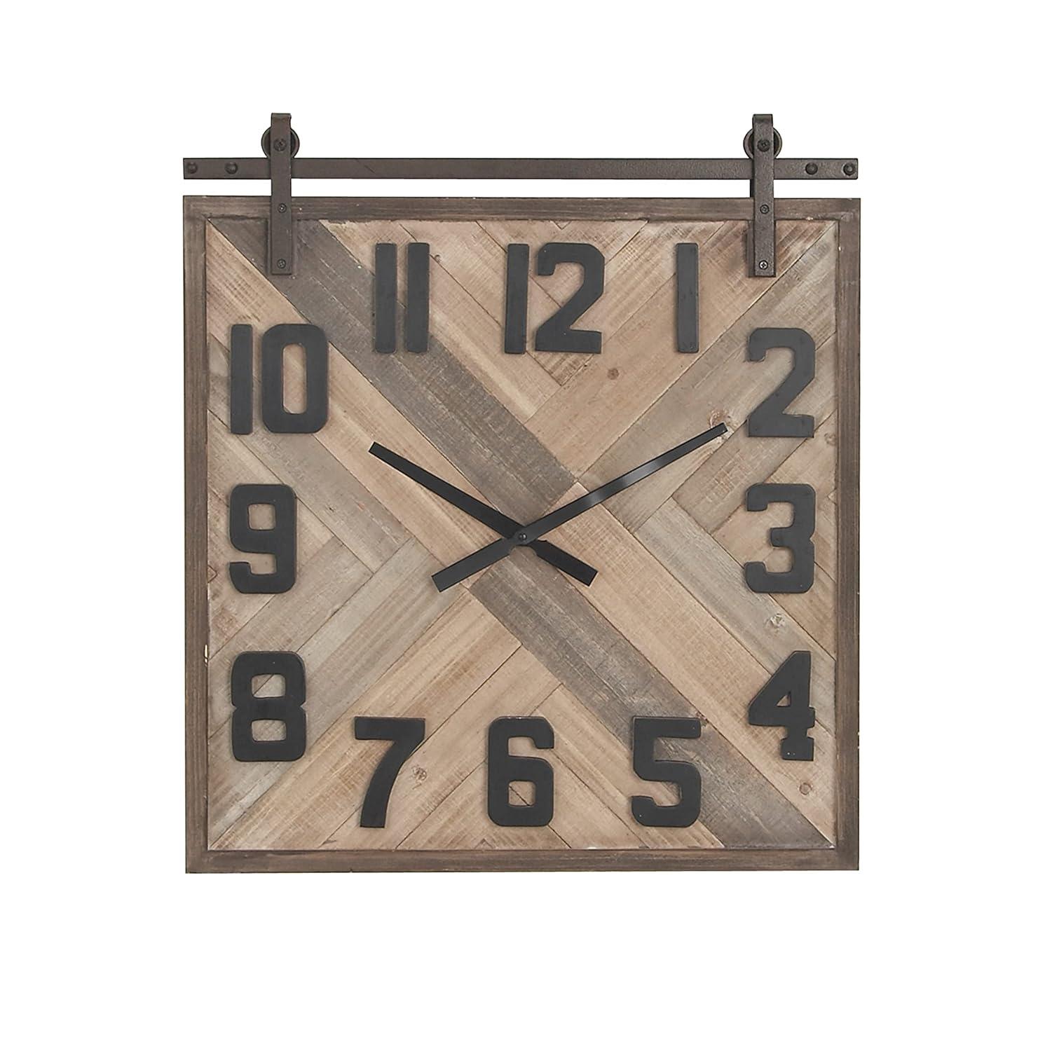 DecMode Reloj de Pared Industrial Esculpido en Madera con Patrón de Tejido y Acabado Marrón, 24"Ancho x 27"Alto