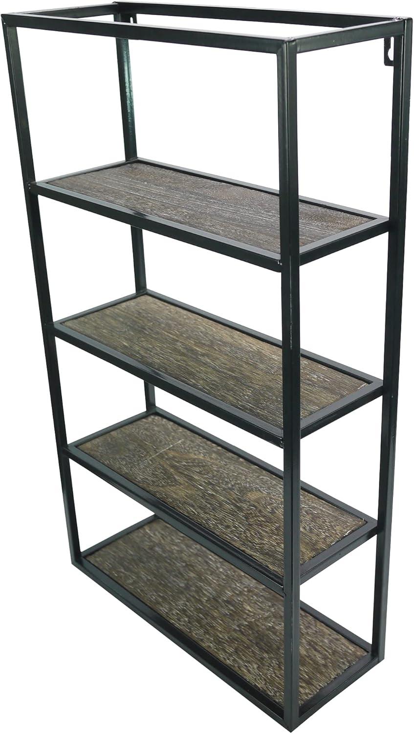 27" Rustic Brown Wood and Black Metal 4-Tier Wall Shelf