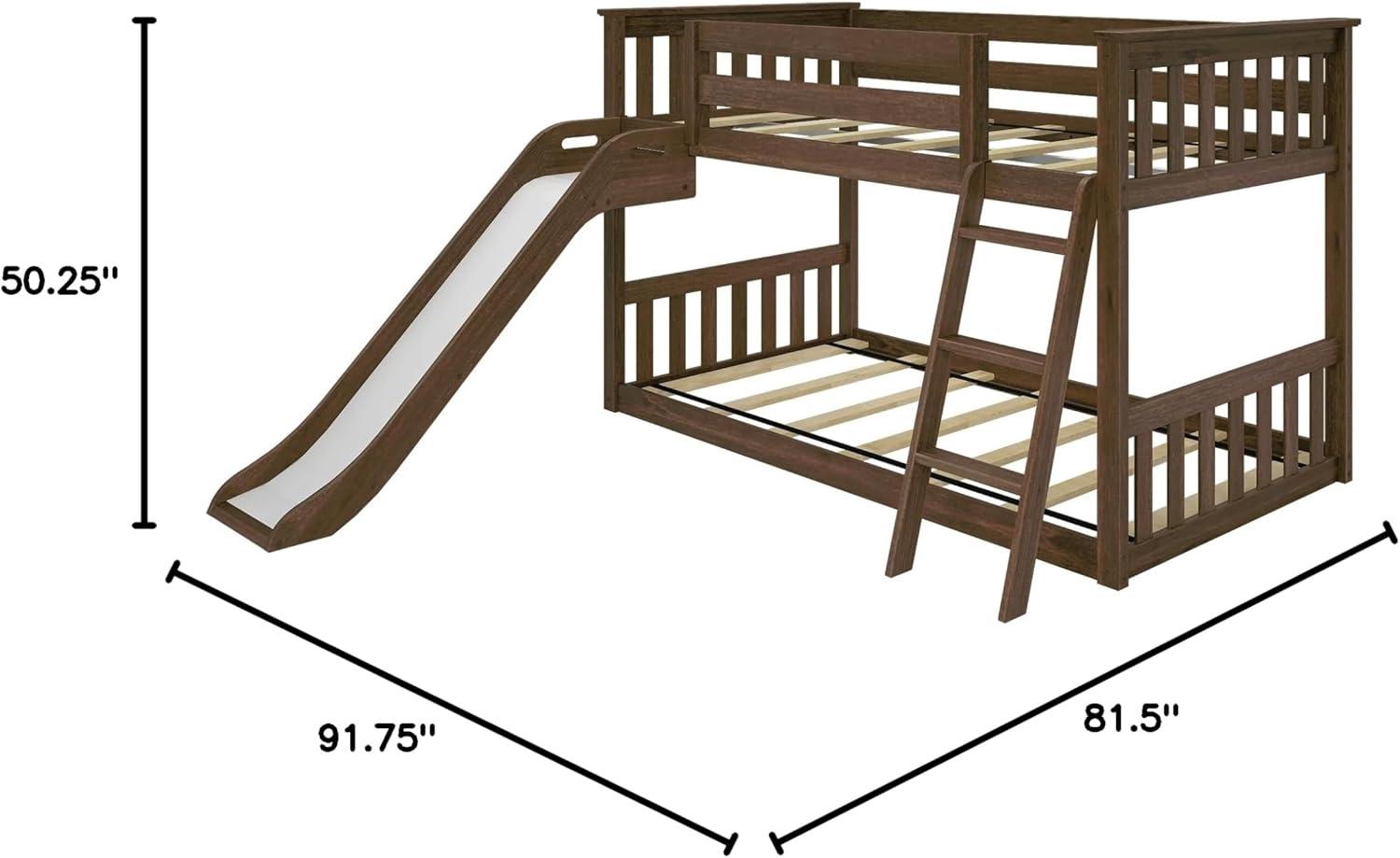 Max & Lily Twin Over Twin Low Bunk Bed with Slide, Solid Wood Kids Platform Bed with 14” Guardrails, Walnut