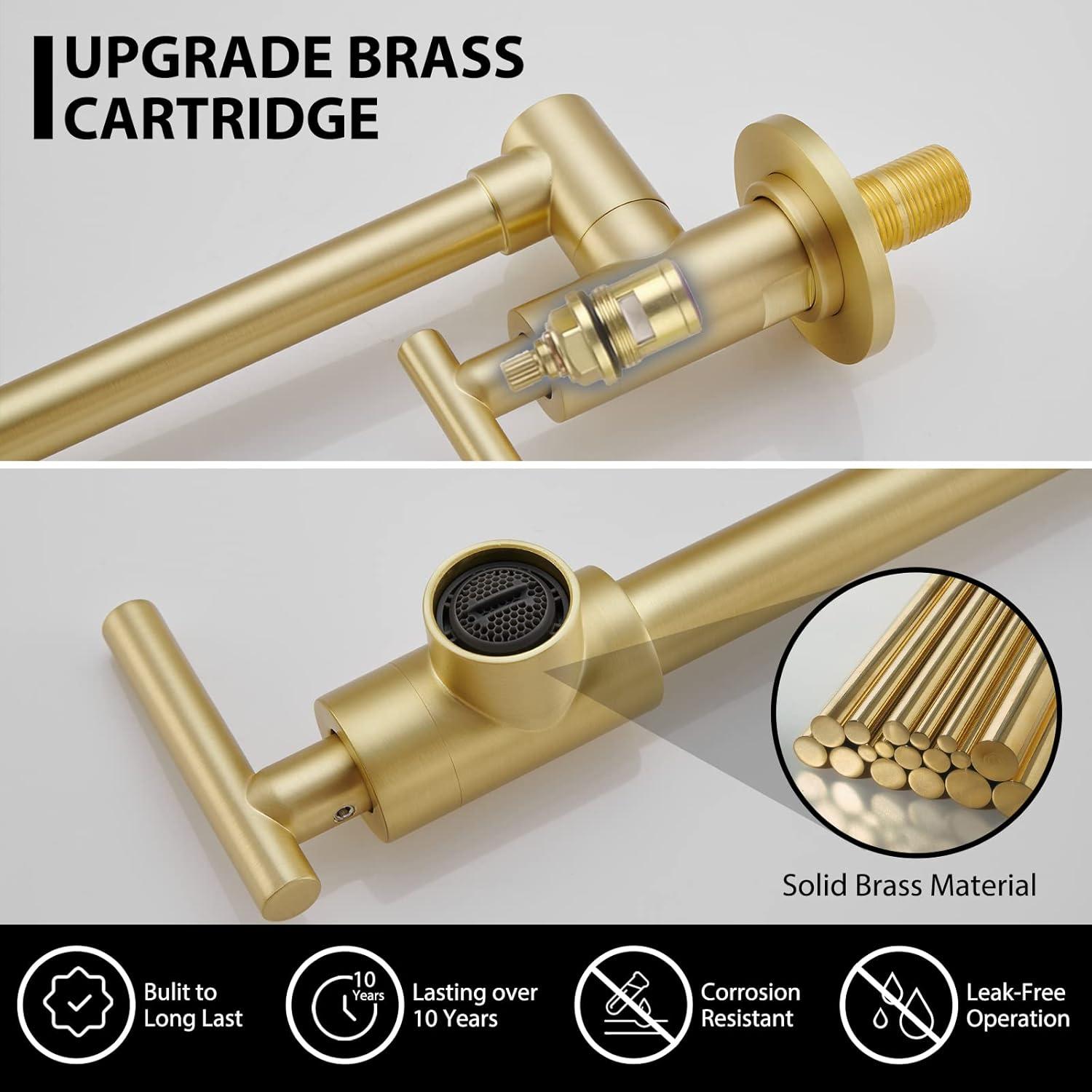 Havin Pot Filler Faucet Wall Mount,with Double Joint Swing Arms,Single Hole, 2 Handles with 2 cartridges to Control Water (Style A Brushed Gold)