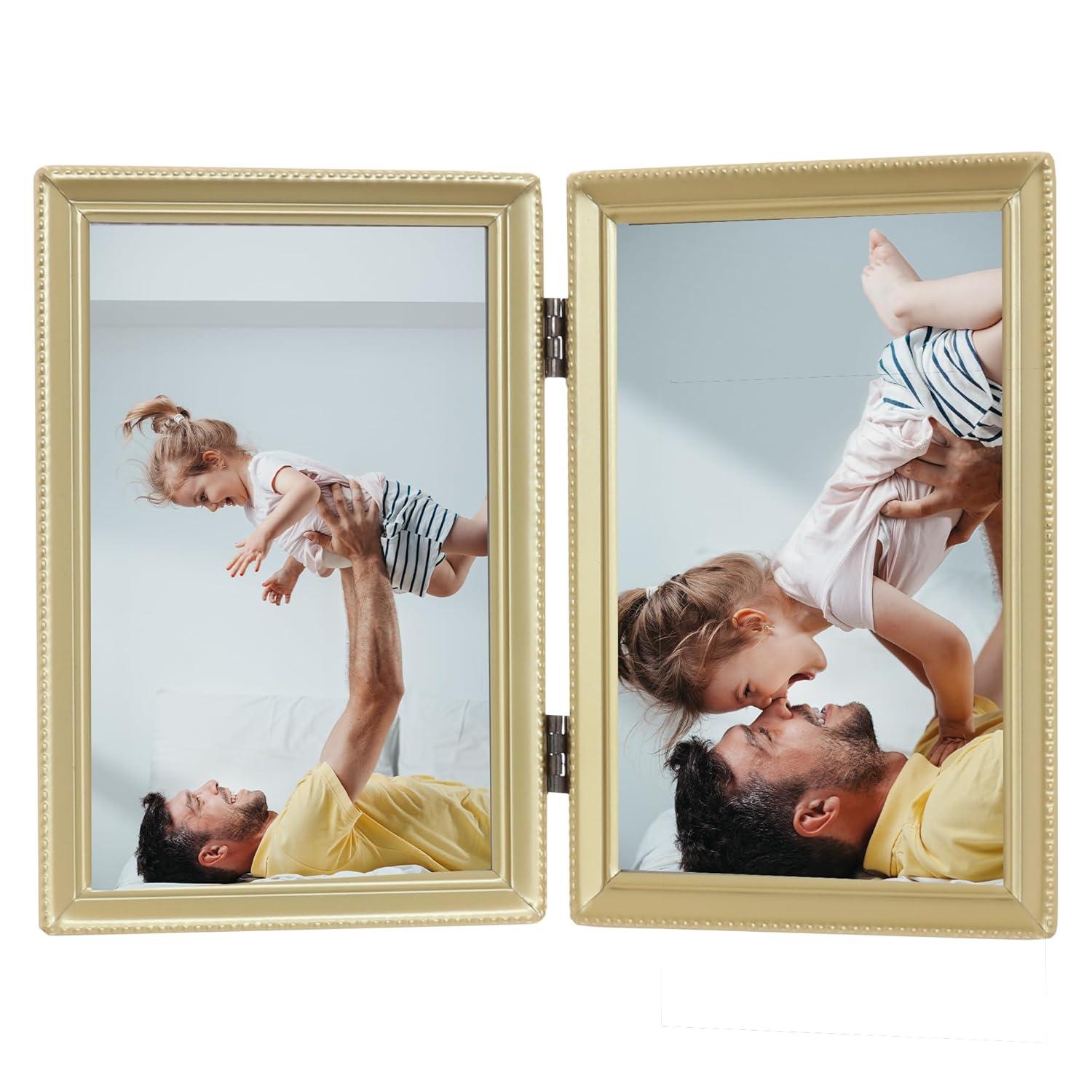 Antique Brass 4x6 Hinged Double Picture Frame - Bead Border Design