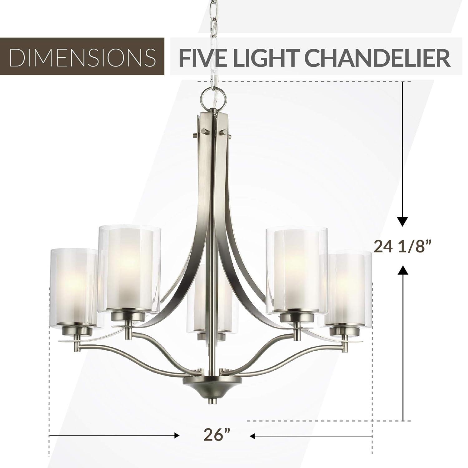 Elmwood 5-Light Brushed Nickel Modern Transitional Hanging Candlestick Chandelier with Satin Etched Glass Shades