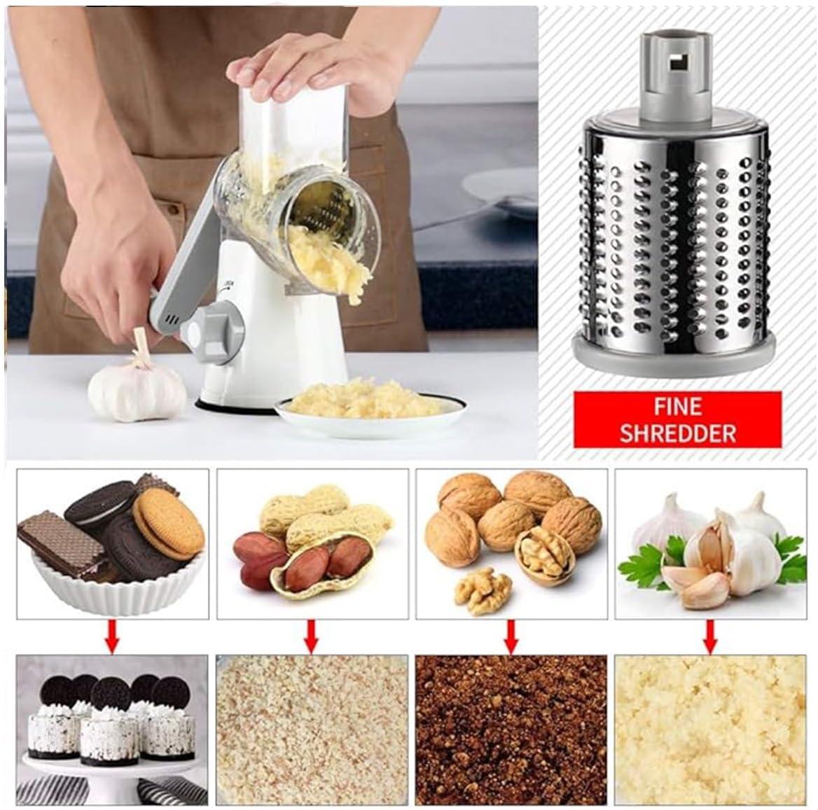 Rotary Cheese Grater Cheese Shredder - Kitchen Manual Cheese Grater with Handle Vegetable Slicer Nuts Grinder 3 Replaceable Drum Blades and Strong Suction Base Free Cleaning Brush