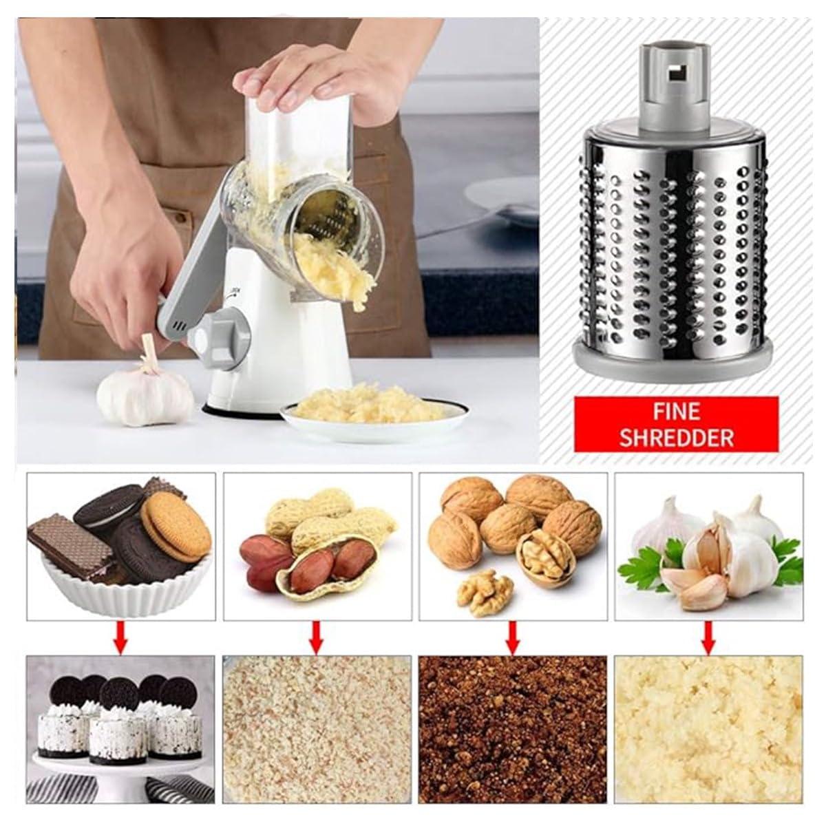 Rotary Cheese Grater Cheese Shredder - Kitchen Manual Cheese Grater with Handle Vegetable Slicer Nuts Grinder 3 Replaceable Drum Blades and Strong Suction Base Free Cleaning Brush