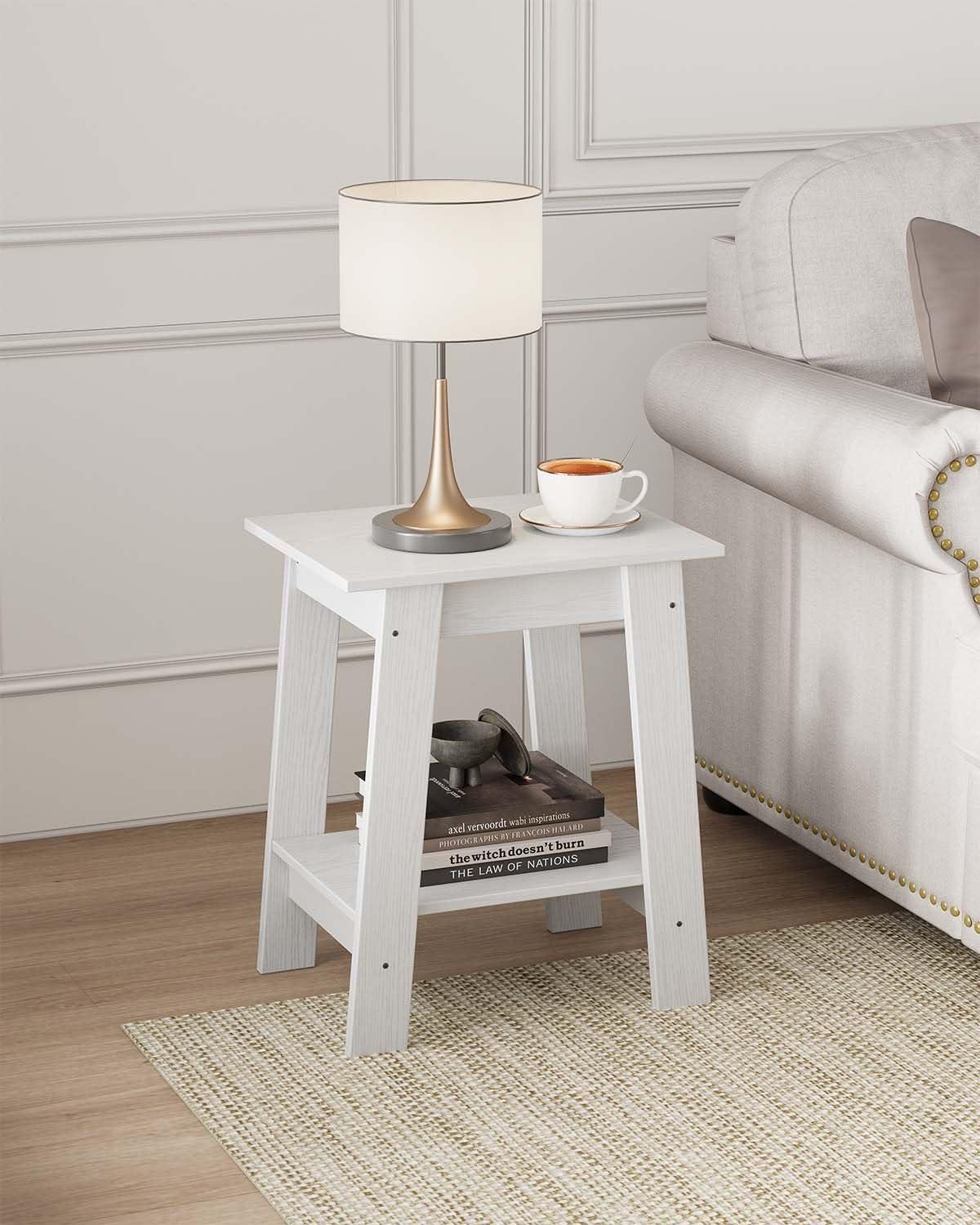 Nasitip 2-Tier End Table, Small Side Table, Nightstand with Storage Shelf, Narrow Side Table for Small Spaces(White)