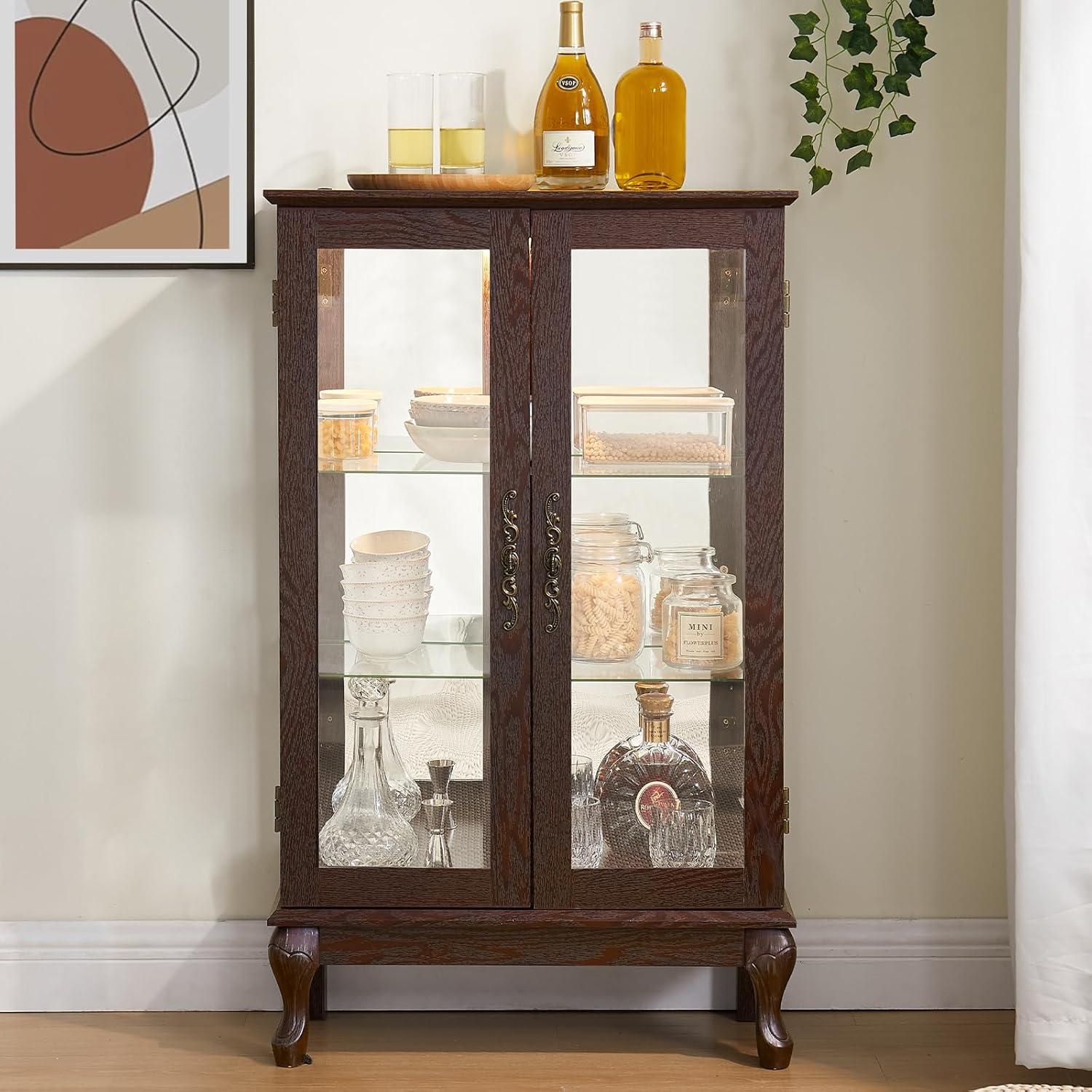 Dark Cherry Lighted Curio Cabinet with Glass Doors and Adjustable Shelves