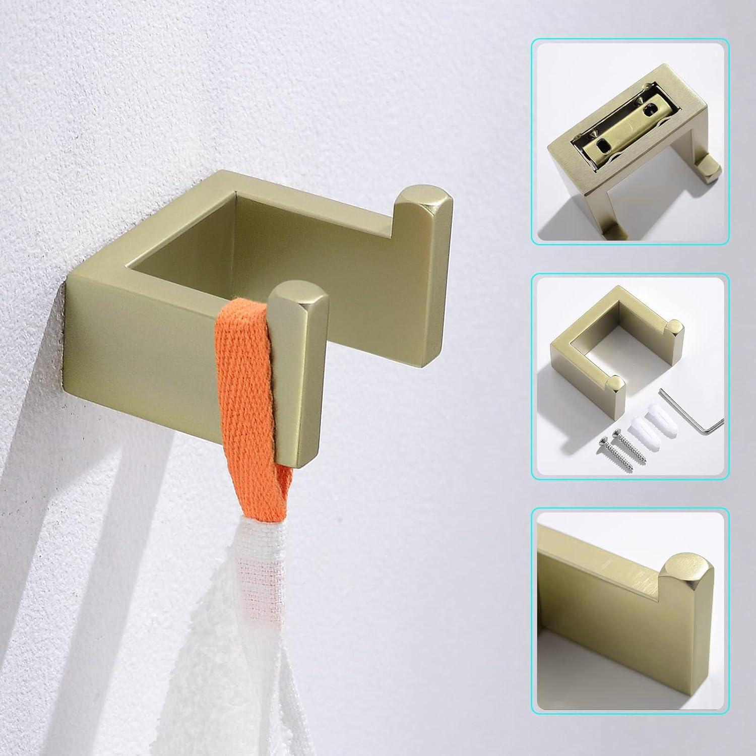 AWZTOO 4-Piece Bathroom Hardware Set Stainless Steel Towel Bar Set Towel Holder Toilet Paper Holder Robe Hook Wall Mount Accessory Set Brushed Gold