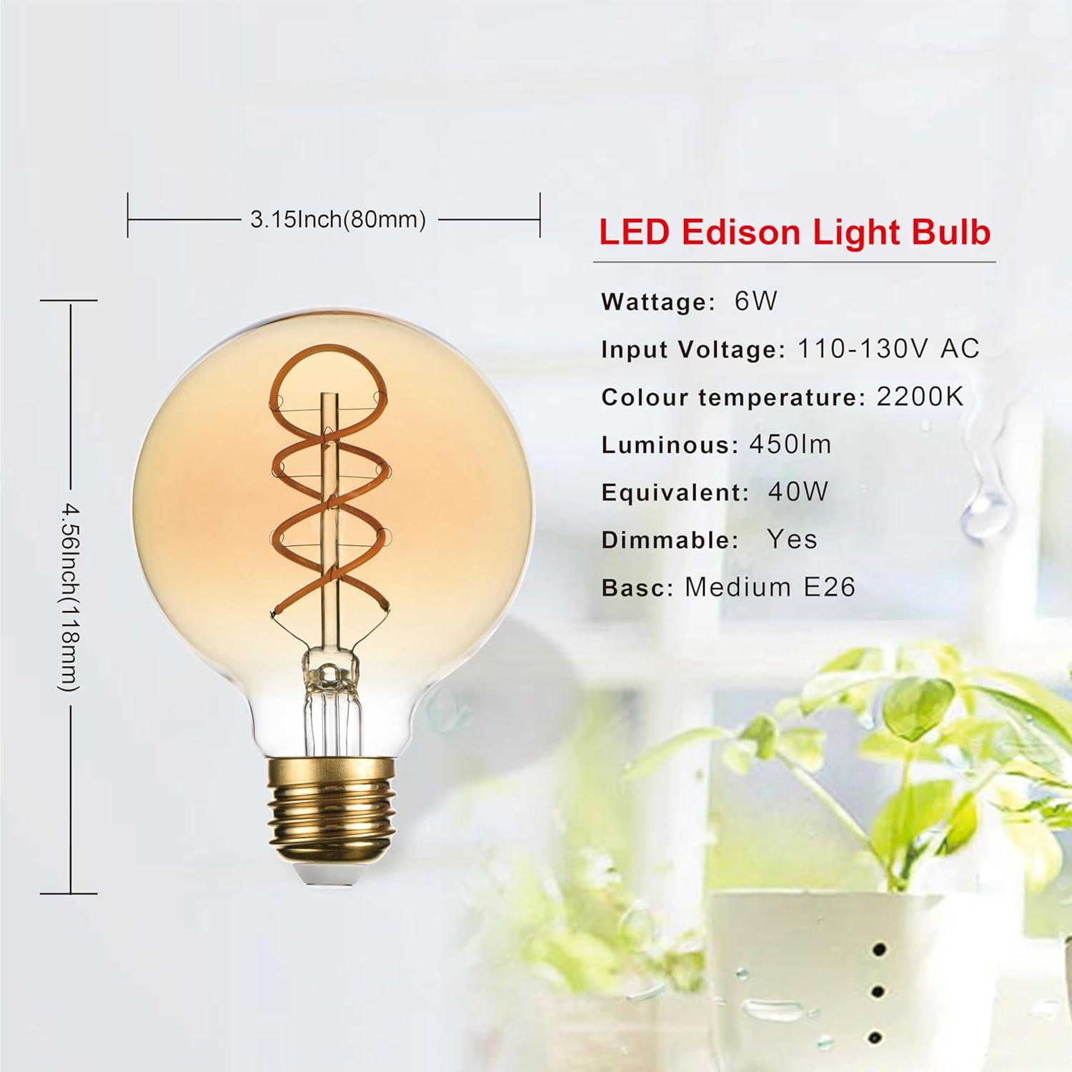 SD LUX G25 Dimmable Vintage Globe Light Bulbs Retro Decorative LED Edison Bulbs 6W 450lm (Equi. 40W), E26 Medium Base, CRI>90 Warm White 2200K (G25-Amber, 6)