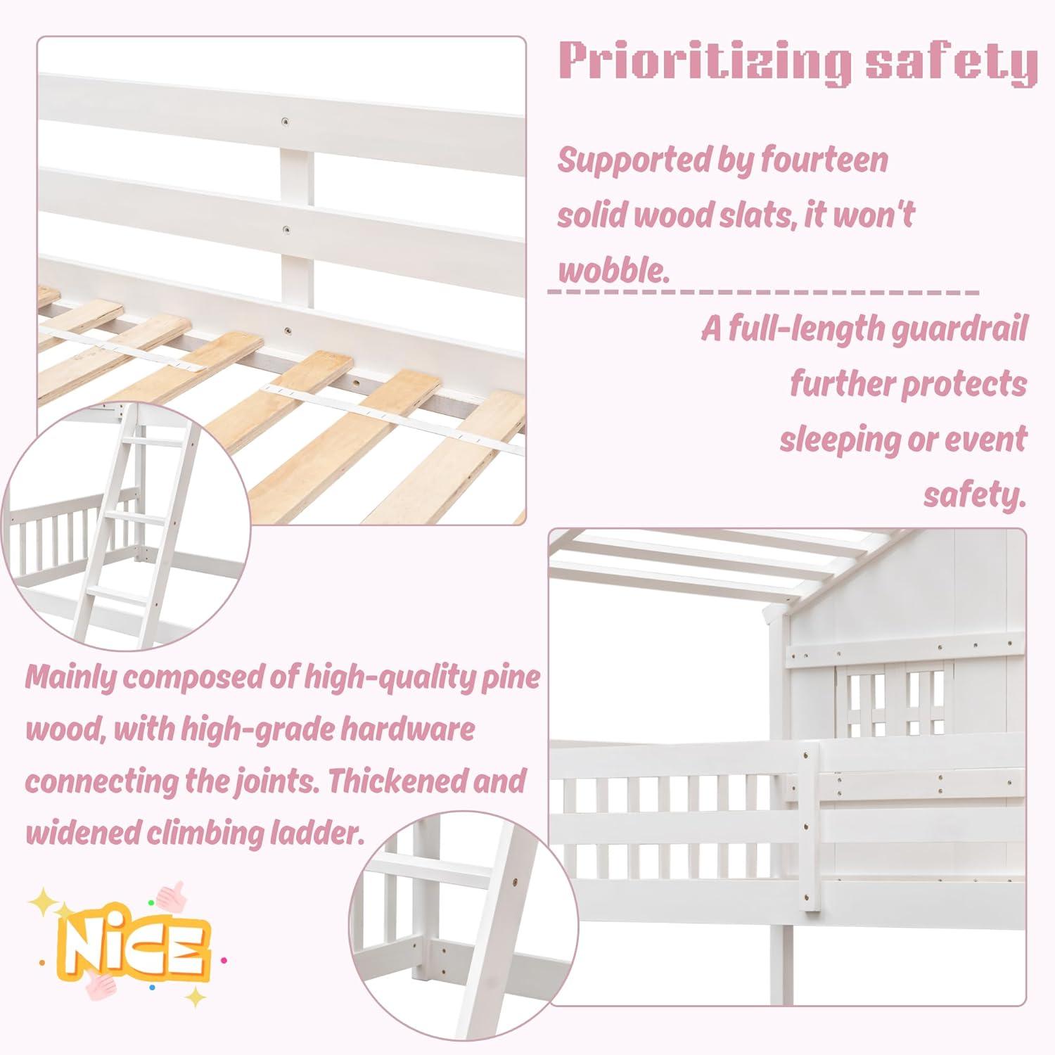 Harper & Bright Designs House Bunk Bed Twin Over Twin Kids Bunk Bed Wood Frame with Roof, Window, Window Box, Door, Safety Guardrails and Ladder, for Girls Boys (Twin Size, White)