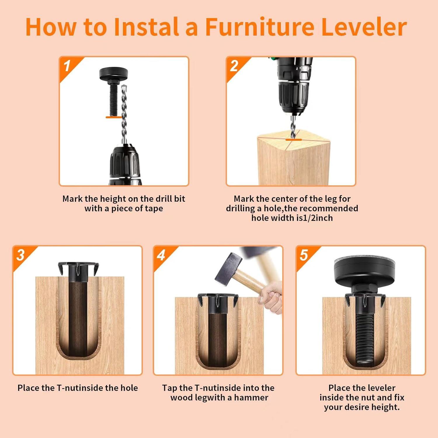 Leveling Feet, Adjustable Furniture Levelers for Furniture Leg Levelers, Table Chairs Cabinets Sofa Raiser, Heavy Duty Support 2640LBs, T- Nut Kit 3/8”-16 Thread, Large Base (8 Set, Black)