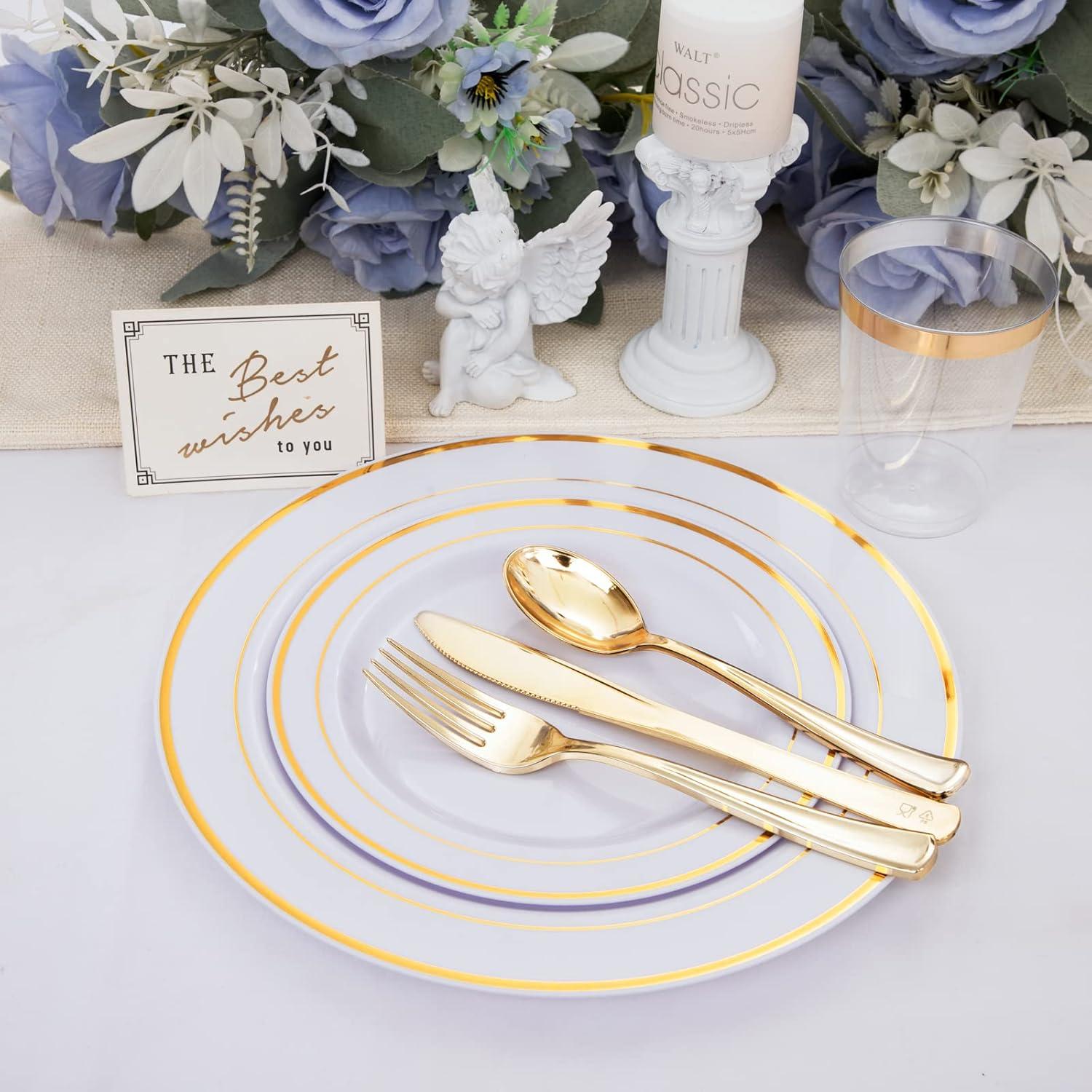 Elegant Gold and White Plastic Dinnerware Set for 25 Guests