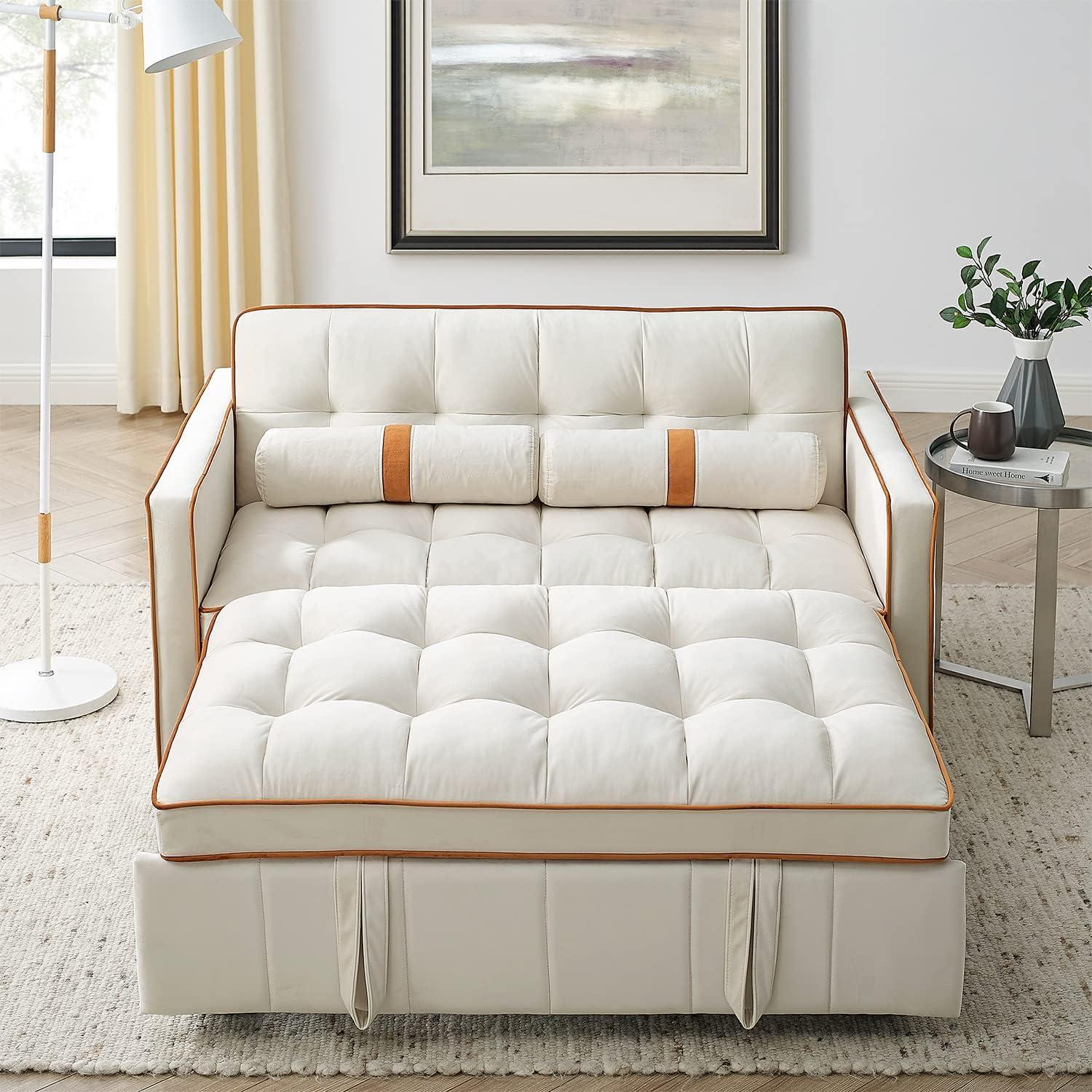 Yeahumalia 3 in 1 Convertible Velvet Loveseat Sleeper Futon Sofa Bed, Pull Out Couch with Side Table for Living Room, Bedroom, Grey