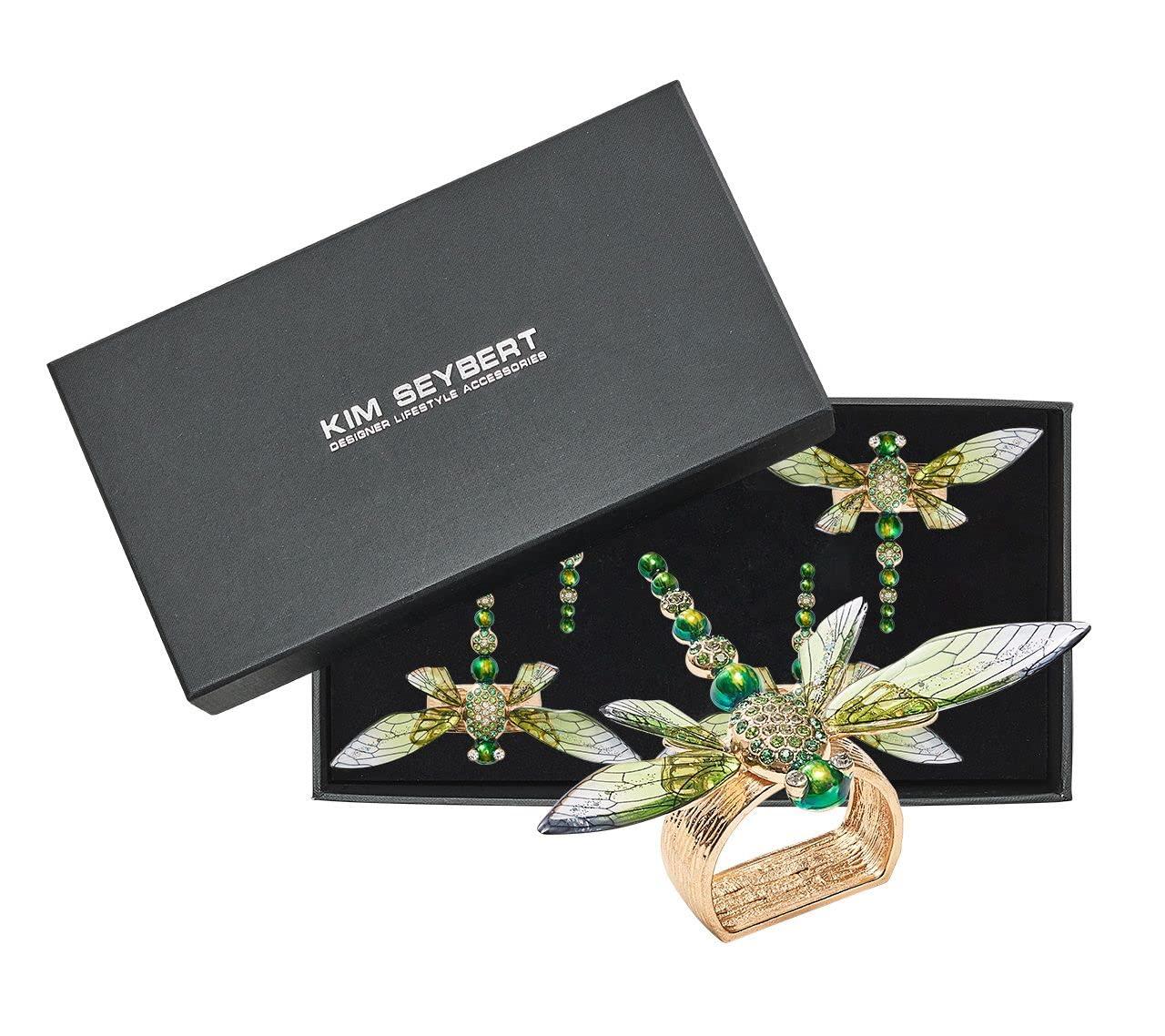 Green Dragonfly Napkin Rings with Rhinestones, Set of 4
