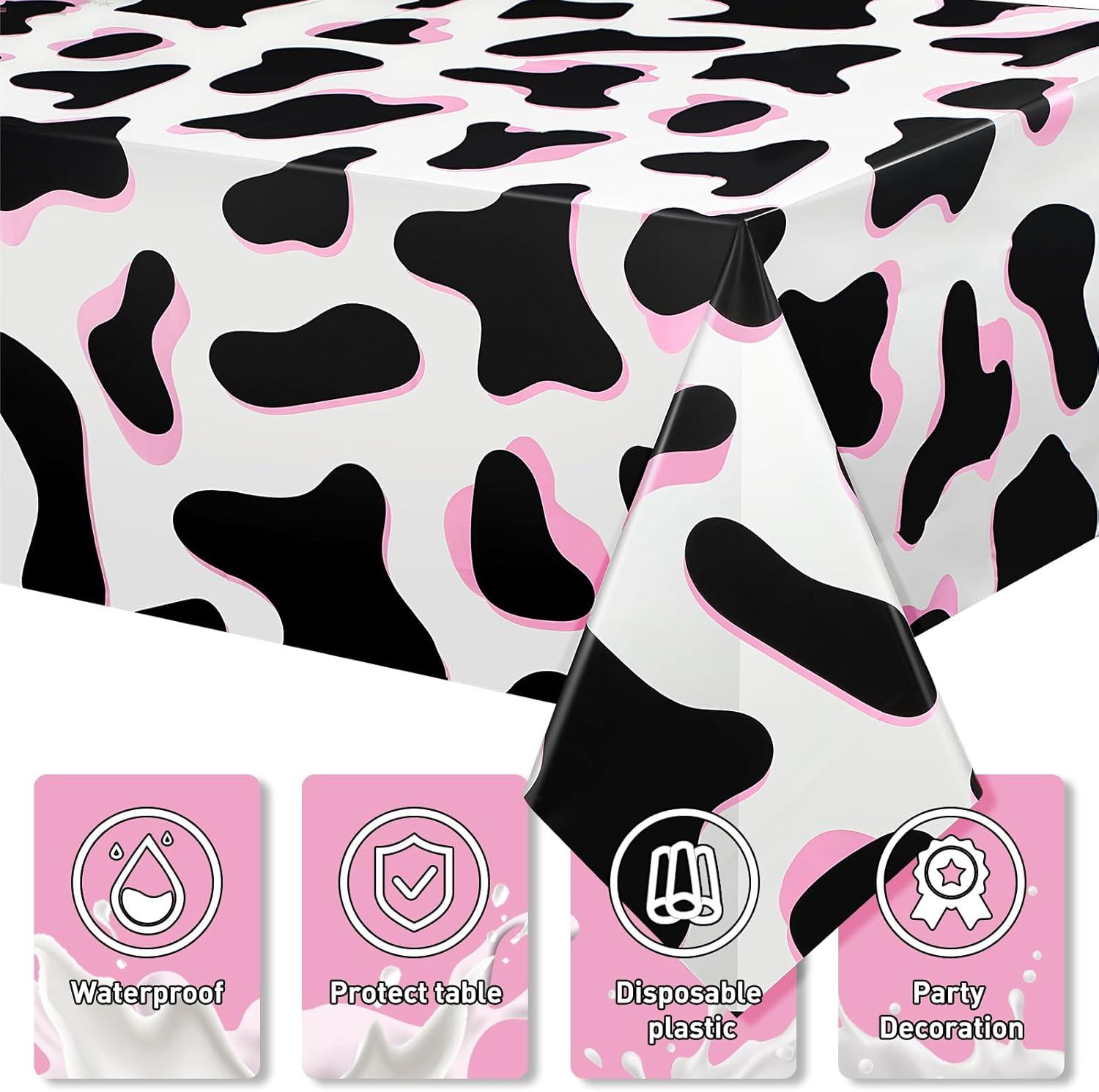 Tiamon 3 Pcs Pink Cow Print Tablecloth 108 x 54 Inch Birthday Party Table Cloth Disposable Plastic Cover for Disco Pink Cowgirl Decorations Supplies