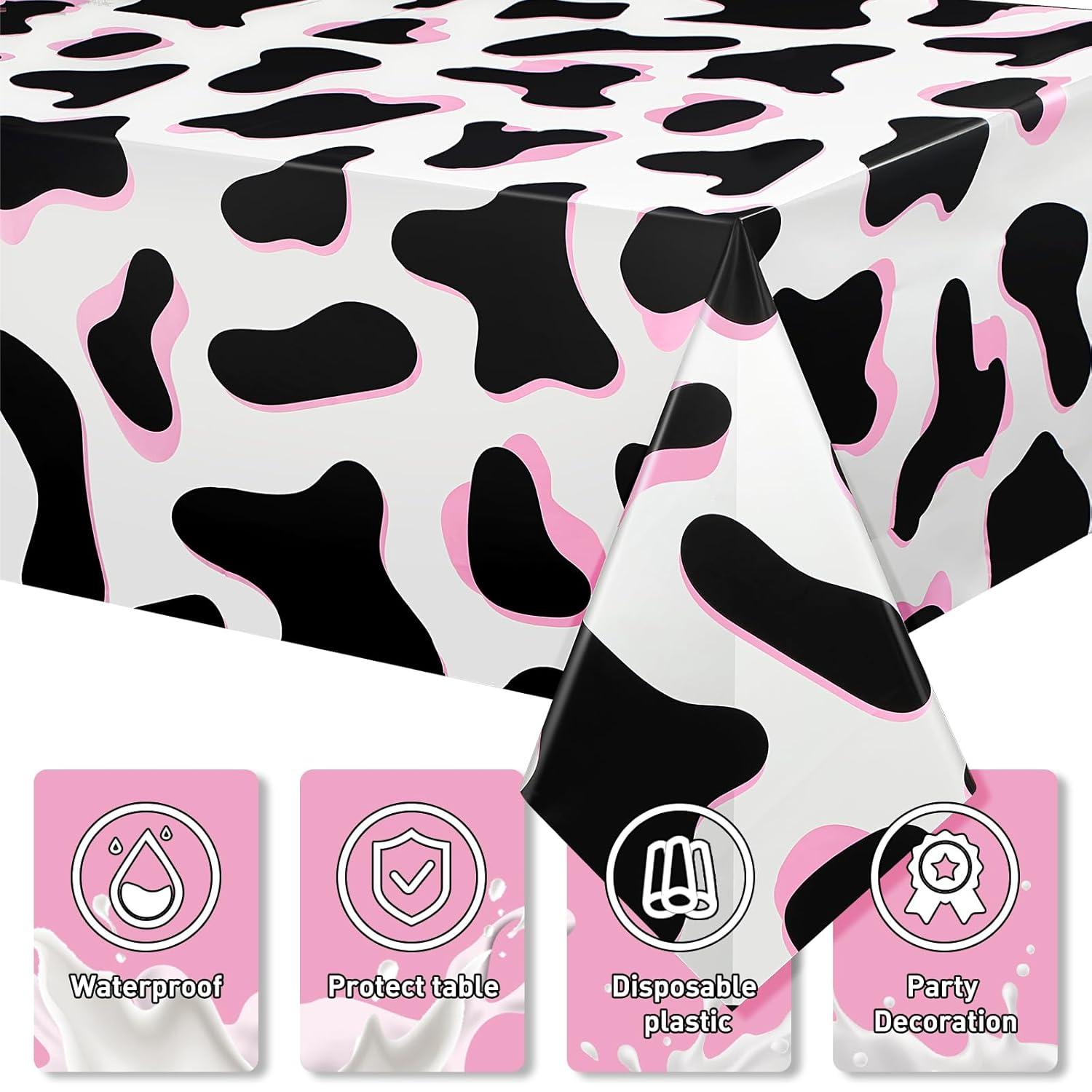 Tiamon 3 Pcs Pink Cow Print Tablecloth 108 x 54 Inch Birthday Party Table Cloth Disposable Plastic Cover for Disco Pink Cowgirl Decorations Supplies