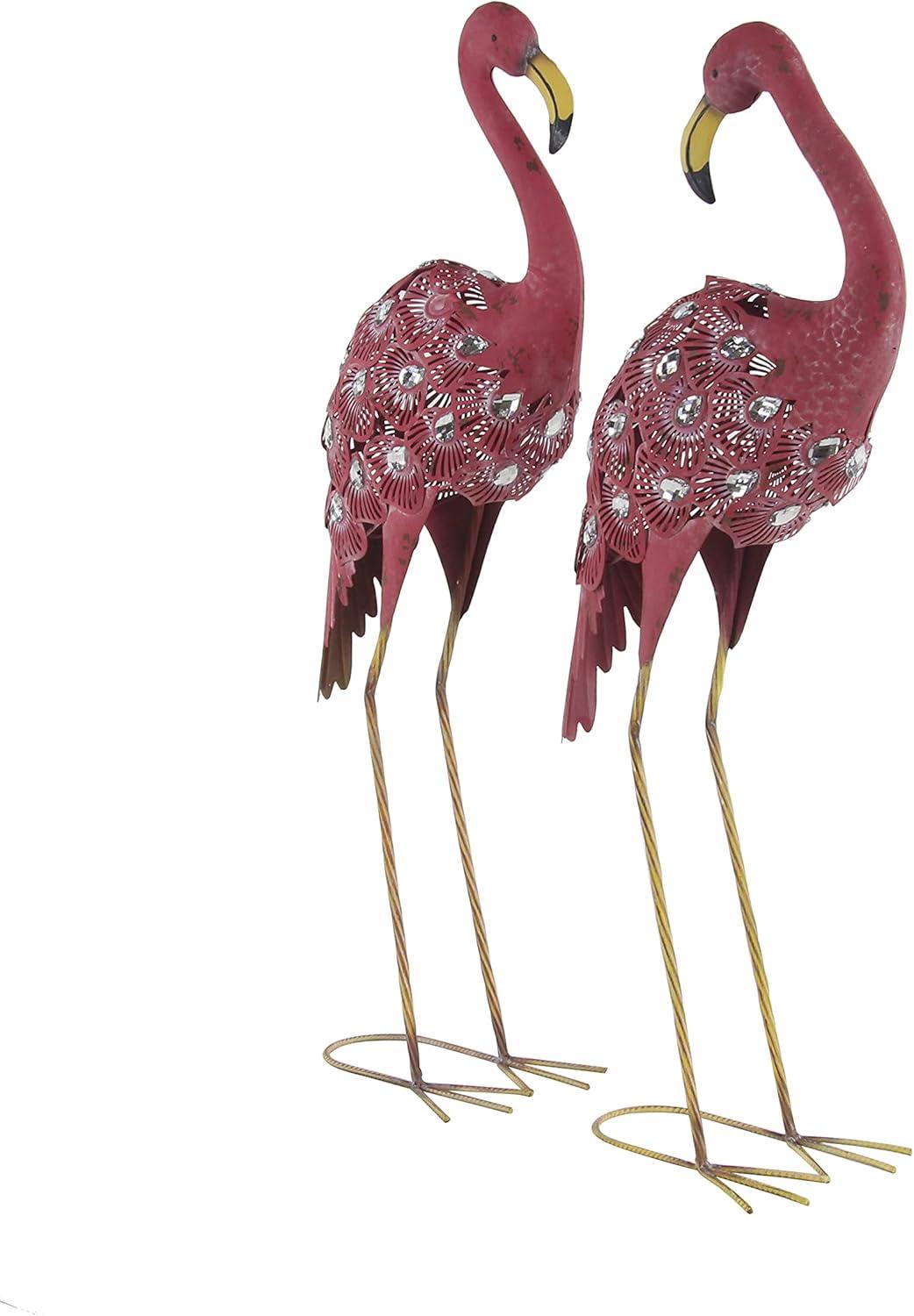 DecMode Coastal Outdoor Metal Standing Pink Flamingo Garden Sculpture, Set of 2 10"W x 38"H