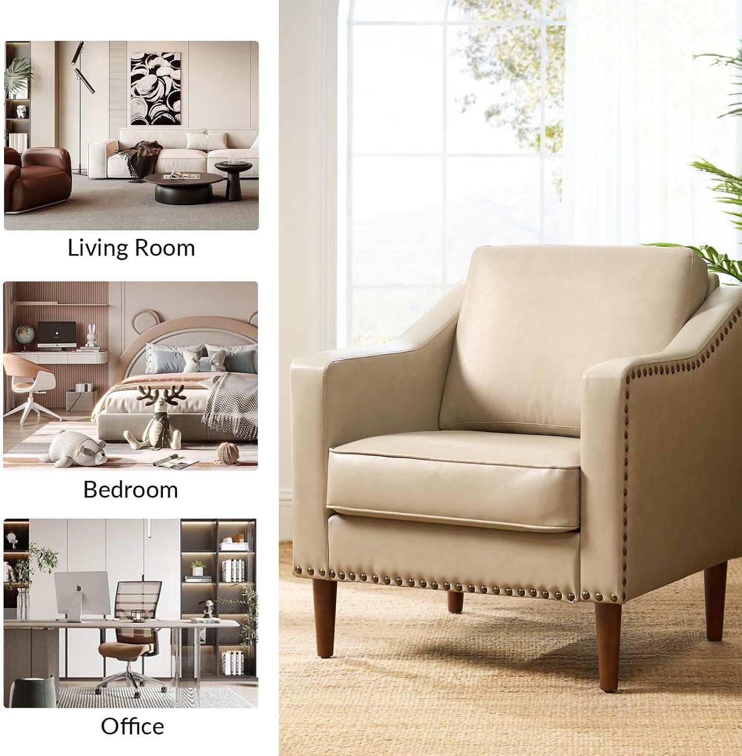 HULALA HOME Faux Leather Accent Armchairs Set of 2 with Back & Seat Cushions, Traditional Club Chairs with Nailhead Trim, Comfy Upholstered Sofa Chairs for Living Room Bedroom, Beige