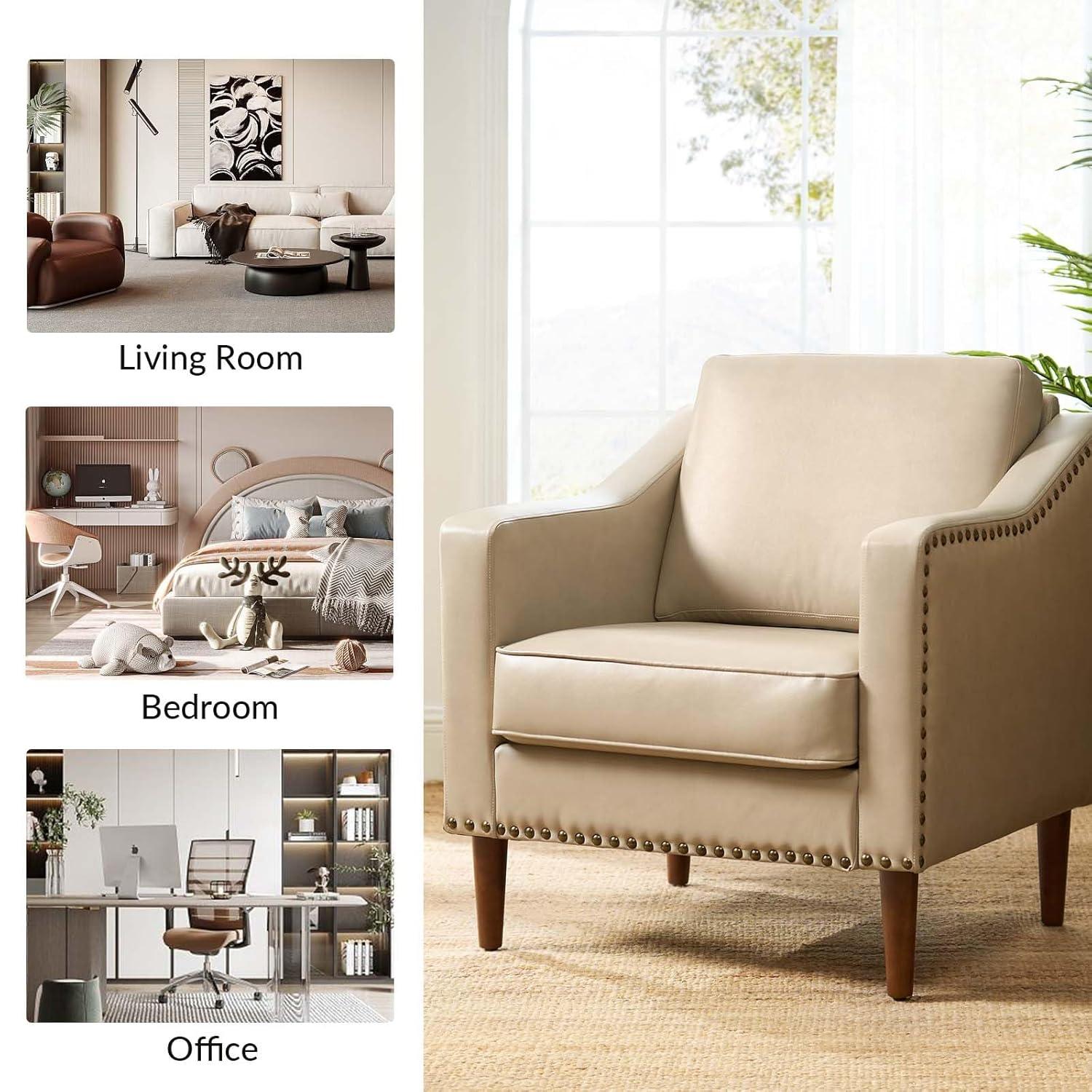 HULALA HOME Faux Leather Accent Armchairs Set of 2 with Back & Seat Cushions, Traditional Club Chairs with Nailhead Trim, Comfy Upholstered Sofa Chairs for Living Room Bedroom, Beige