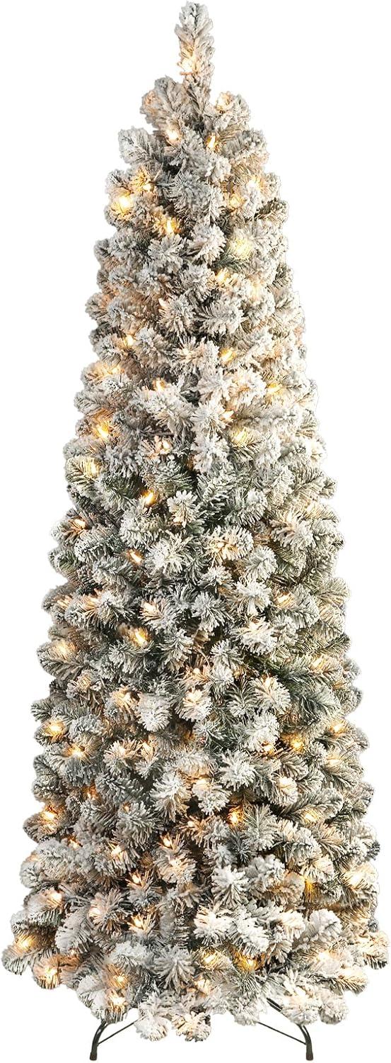 7.5ft White Snow-Flocked Fir Pencil Christmas Tree with Lights