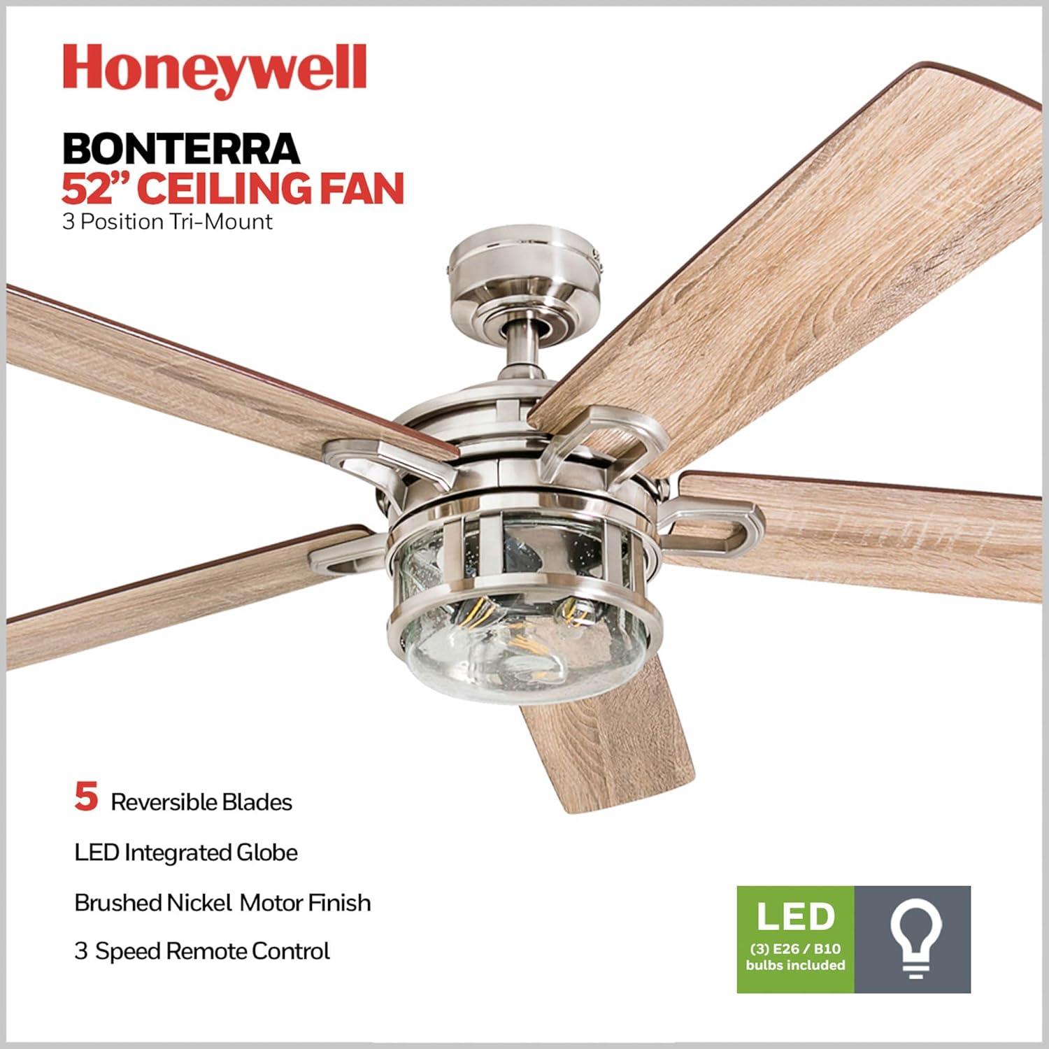 Honeywell Bontera 52" Craftsman Brushed Nickel LED Remote Control Ceiling Fan