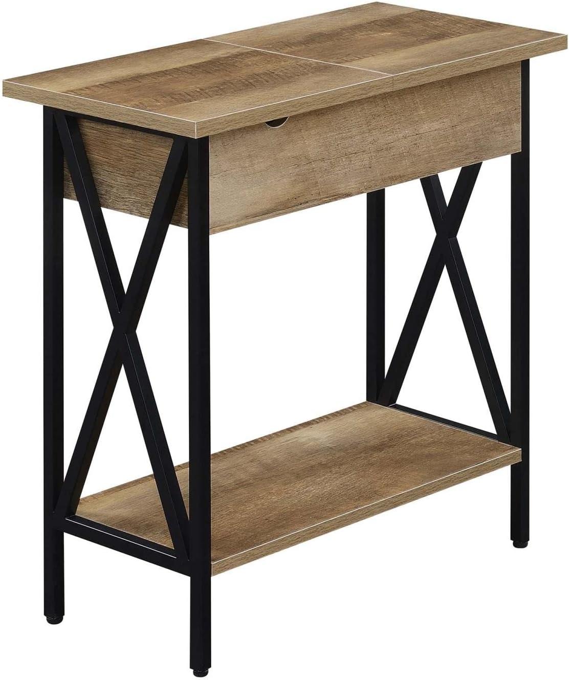 Convenience Concepts Tucson Flip Top End Table with Charging Station and Shelf, Weathered Barnwood/Black