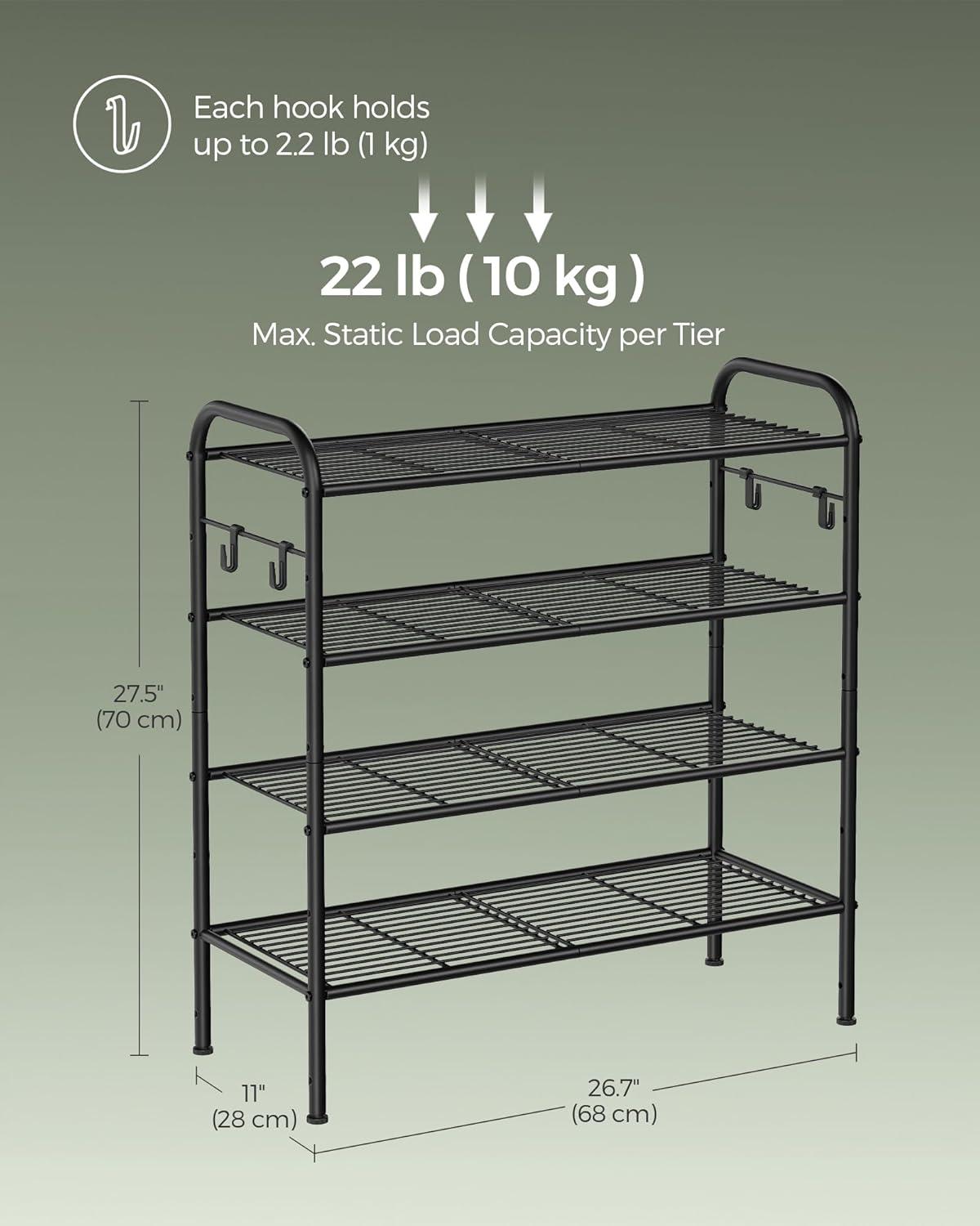 Ink Black 4-Tier Adjustable Metal Shoe Rack with Side Hooks