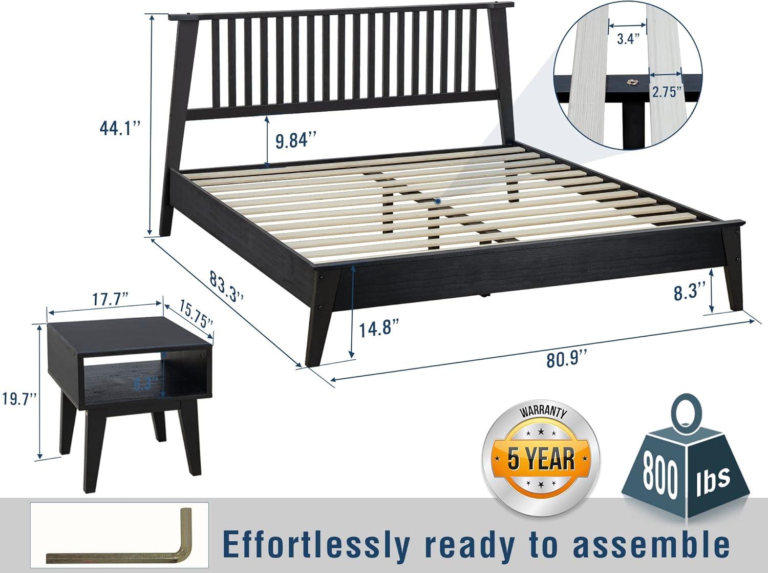 Kaylin 2-Piece Bedroom Set Solid Wood Bed Frame with High Headboard and Nightstand